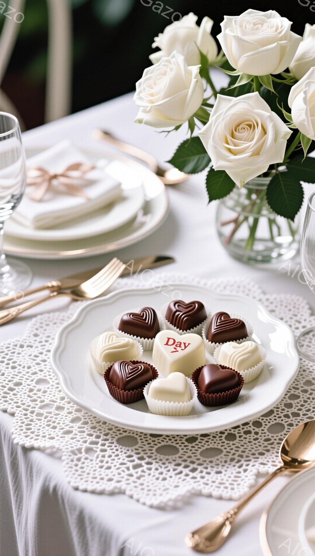 白いバラの花が活けられた花瓶と、繊細なレース模様の敷物の上に置かれたチョコレートが印象的な写真です。チョコレートはハート型で、一部には赤い文字が描かれており、上品でロマンチックな雰囲気を醸し出しています。背景には、重ねられたお皿やカトラリーが見え、特別な日の食卓を予感させます。