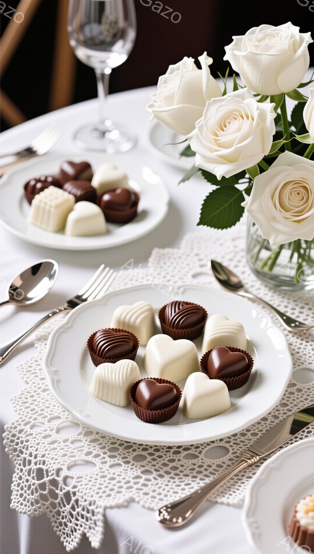 白いレースのテーブルクロスの上に、チョコレートの詰め合わせが置かれた白い皿が映っている。背景には、白バラの花束と、グラス、カトラリーが見え、優雅で上品な雰囲気が漂う。チョコレートはさまざまな形と色をしており、まるで宝石のように輝いている。
