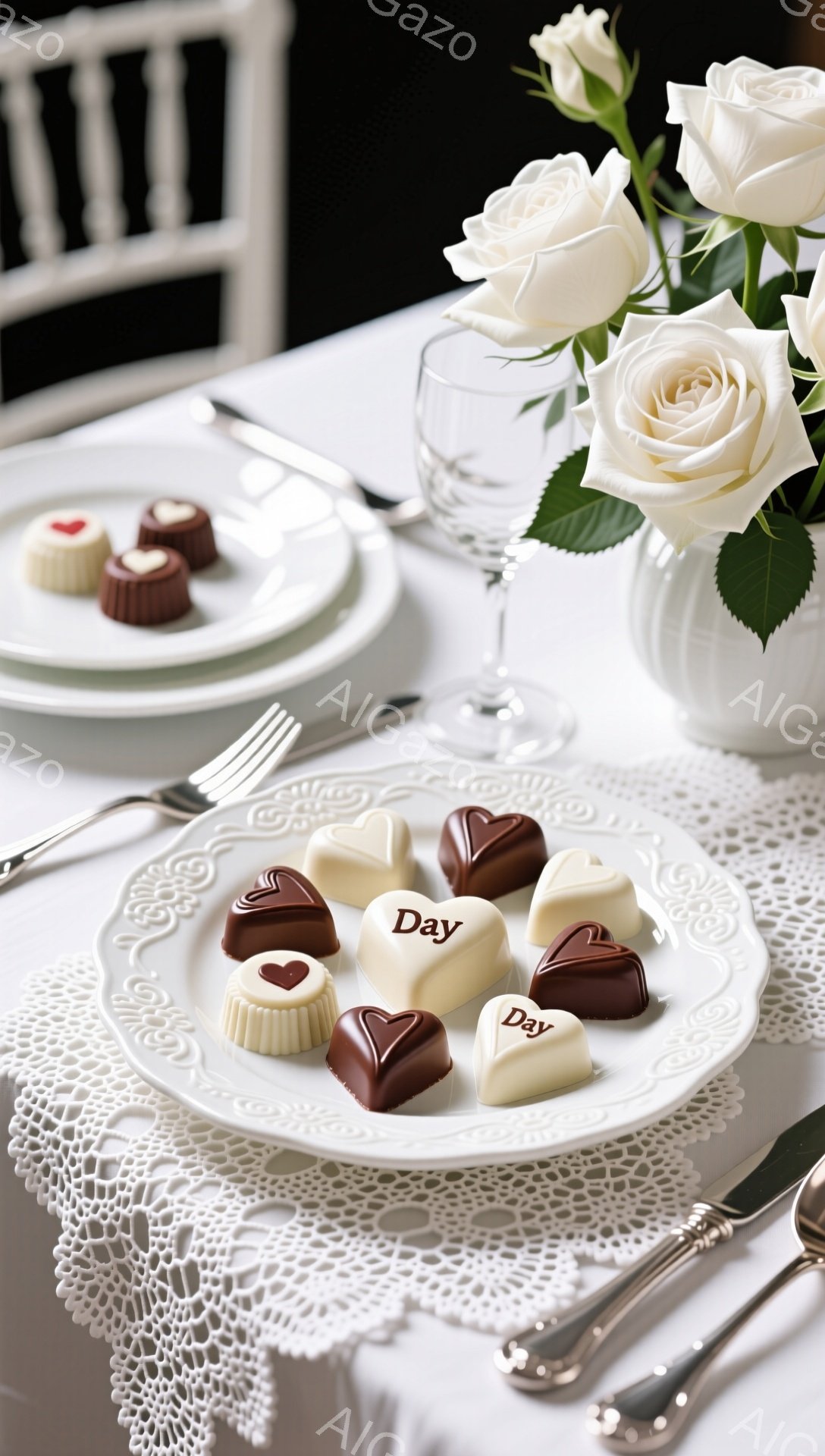白いレースのテーブルクロスの上に、様々なチョコレートが盛り付けられた白い皿が置かれています。チョコレートには「Day」という文字が書かれたものもあり、背景には白バラの花瓶と、使用されていないカトラリー、皿が見えます。 全体的にロマンチックで、特別な日のお祝いを想起させる、上品な雰囲気です。