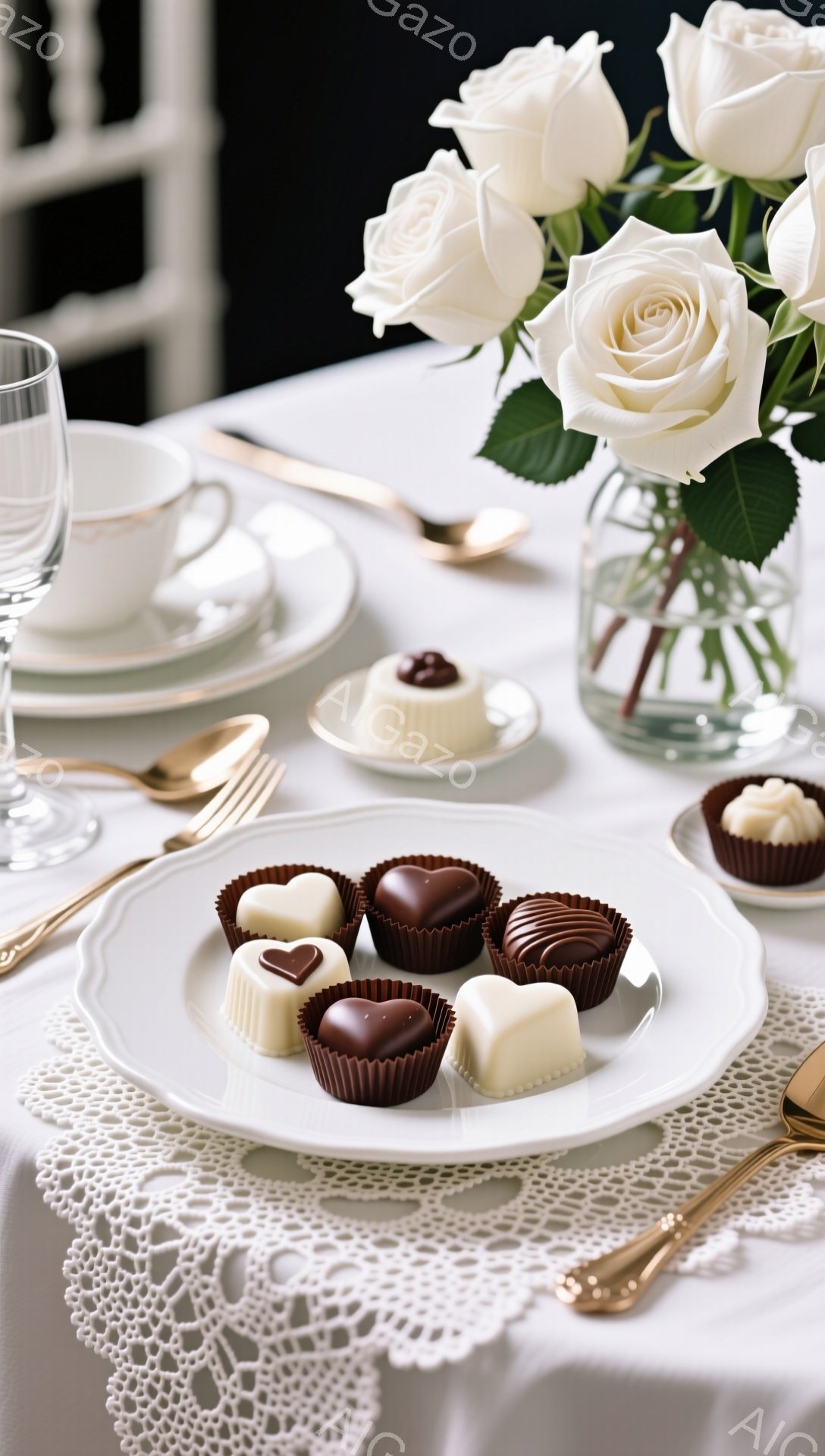 白いテーブルクロスの上に、繊細なレースのドイリーが敷かれ、その上にチョコレートや小さなケーキが並べられた白い皿が置かれています。背後には、白いバラが活けられたガラスの花瓶が飾られ、テーブルの隅には金色のカトラリーとティーカップが見えます。全体的に、優雅で上品な雰囲気で、特別な日のティータイムを思わせます。
