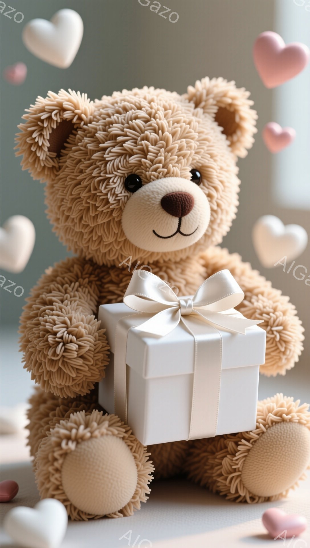 ふわふわの茶色のテディベアが、白いリボンのかかった白いギフトボックスを抱えています。背景には、ぼやけた淡いピンクと白のハートが浮かんでおり、暖かくロマンチックな雰囲気を醸し出しています。テディベアは愛 - AI生成フリー素材