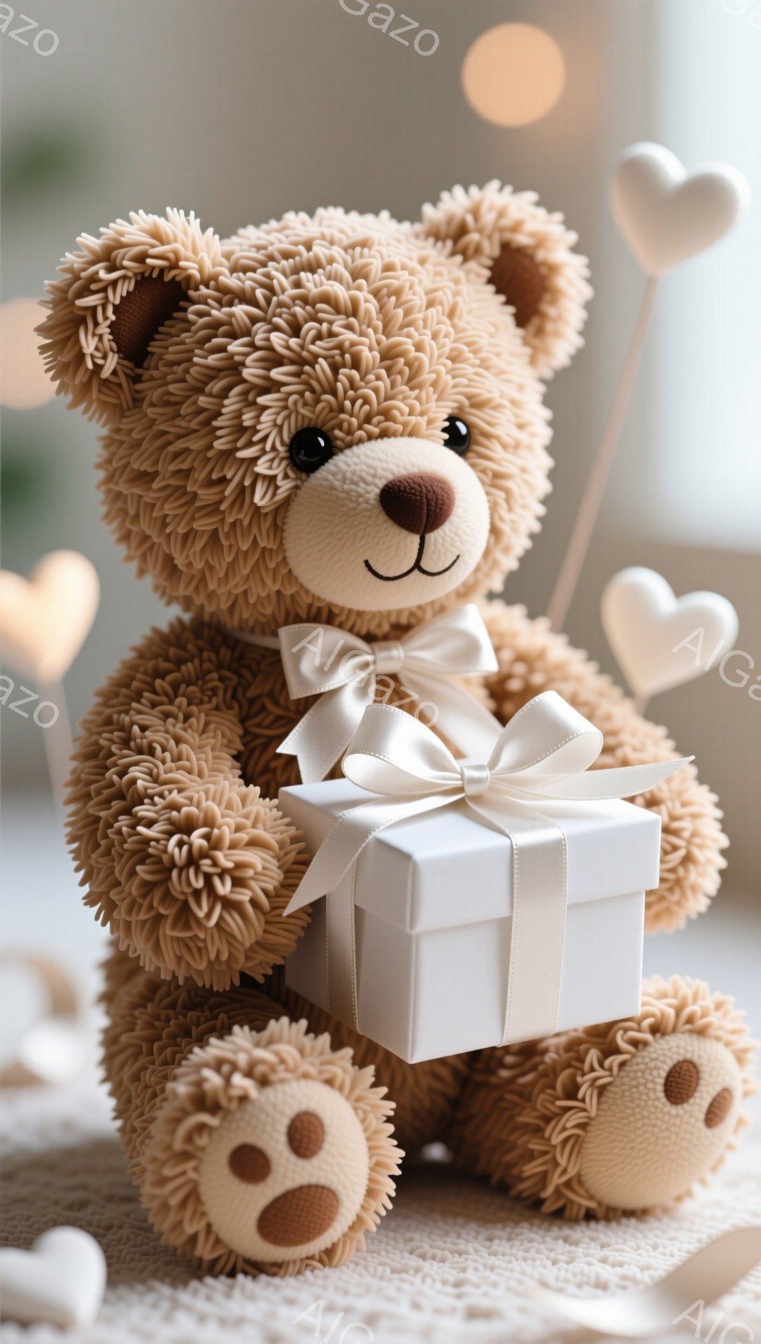 ふわふわの茶色のテディベアが、白いリボンで結ばれた白いギフトボックスを抱えています。ベアは愛らしい表情で、背景にはぼやけたハート形の光が散りばめられ、温かくロマンチックな雰囲気を醸し出しています。手足 - AI生成フリー素材