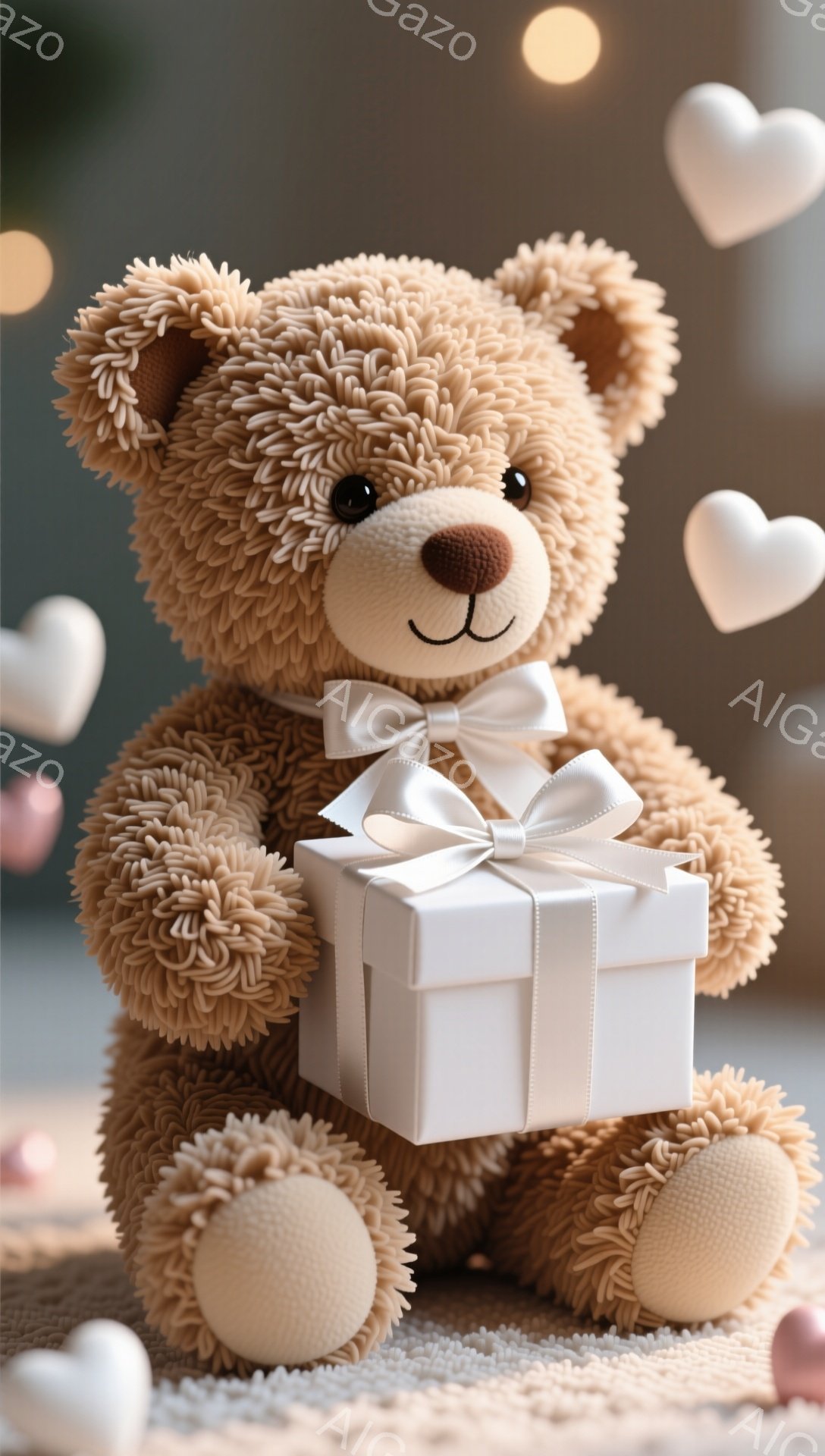 ふわふわの茶色のテディベアが、白いリボンで結ばれた白いギフトボックスを抱えています。背景にはぼやけた光と、ハート形の光の装飾が散りばめられており、温かくロマンチックな雰囲気を醸し出しています。ベアは穏 - AI生成フリー素材
