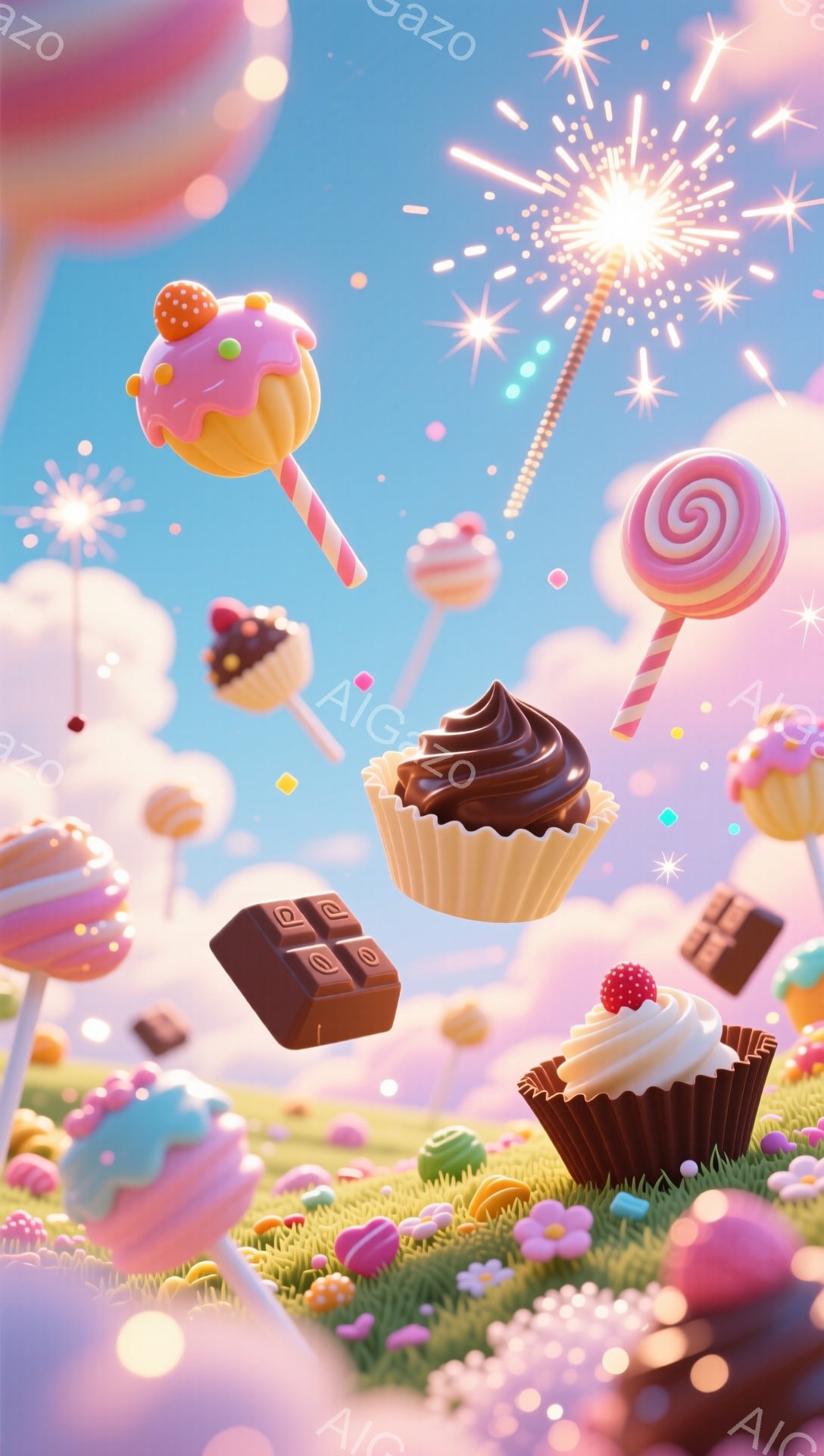 鮮やかな青空の下、カラフルなキャンディーやチョコレート、カップケーキが空中に浮遊しています。緑色の草が生い茂る地面にはピンク色の丘があり、背景には雲が広がっています。全体的に甘くて夢のような、お菓子の世界を表現した楽しい雰囲気です。