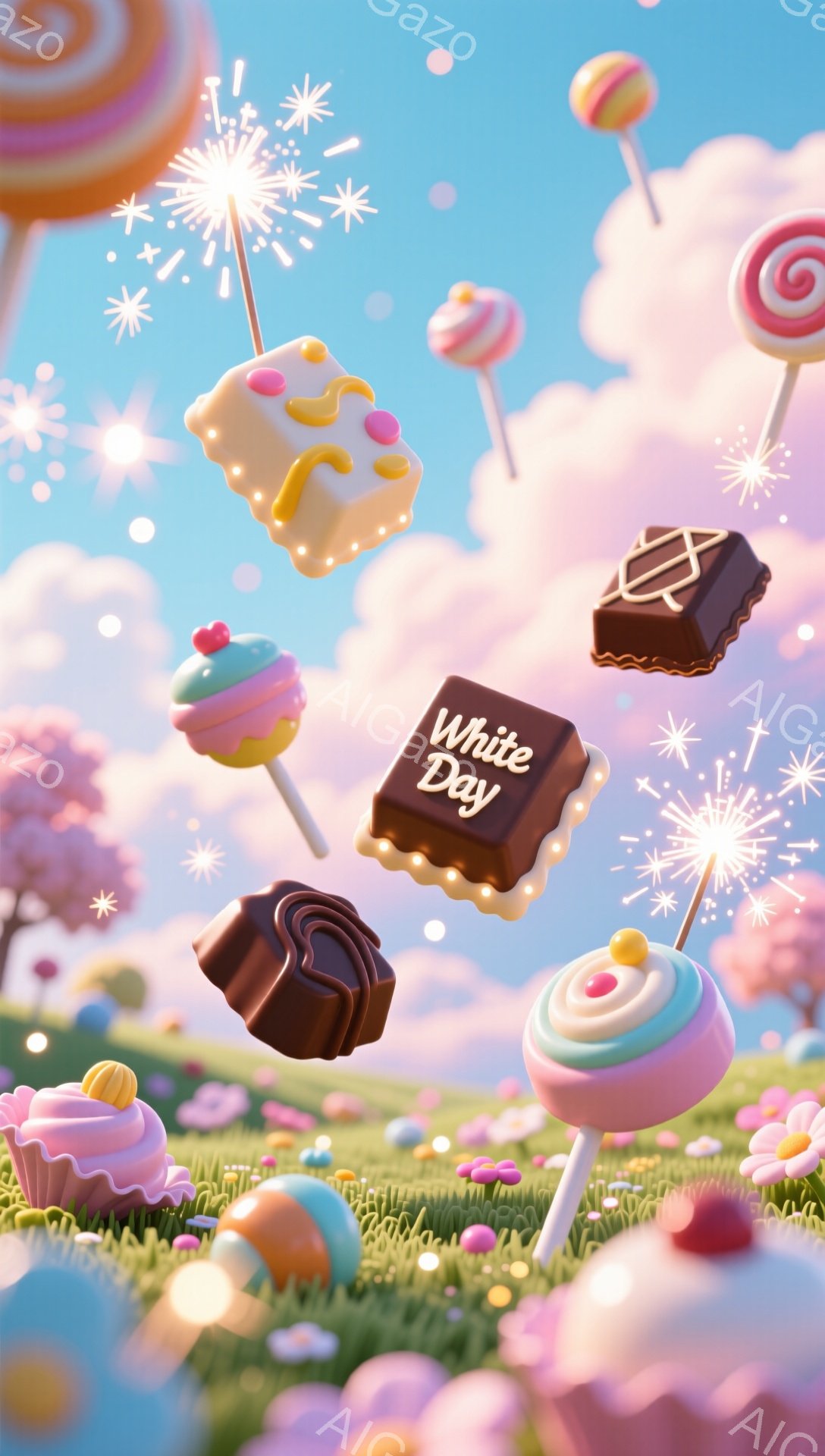 明るい緑の草原に、様々なキャンディやチョコレートが空中に浮かび、お祝いの雰囲気を醸し出しています。背景は、パステルカラーの空とふわふわの雲で覆われ、まるで夢のような世界観です。所々に星のような光の粒子 - AI生成フリー素材