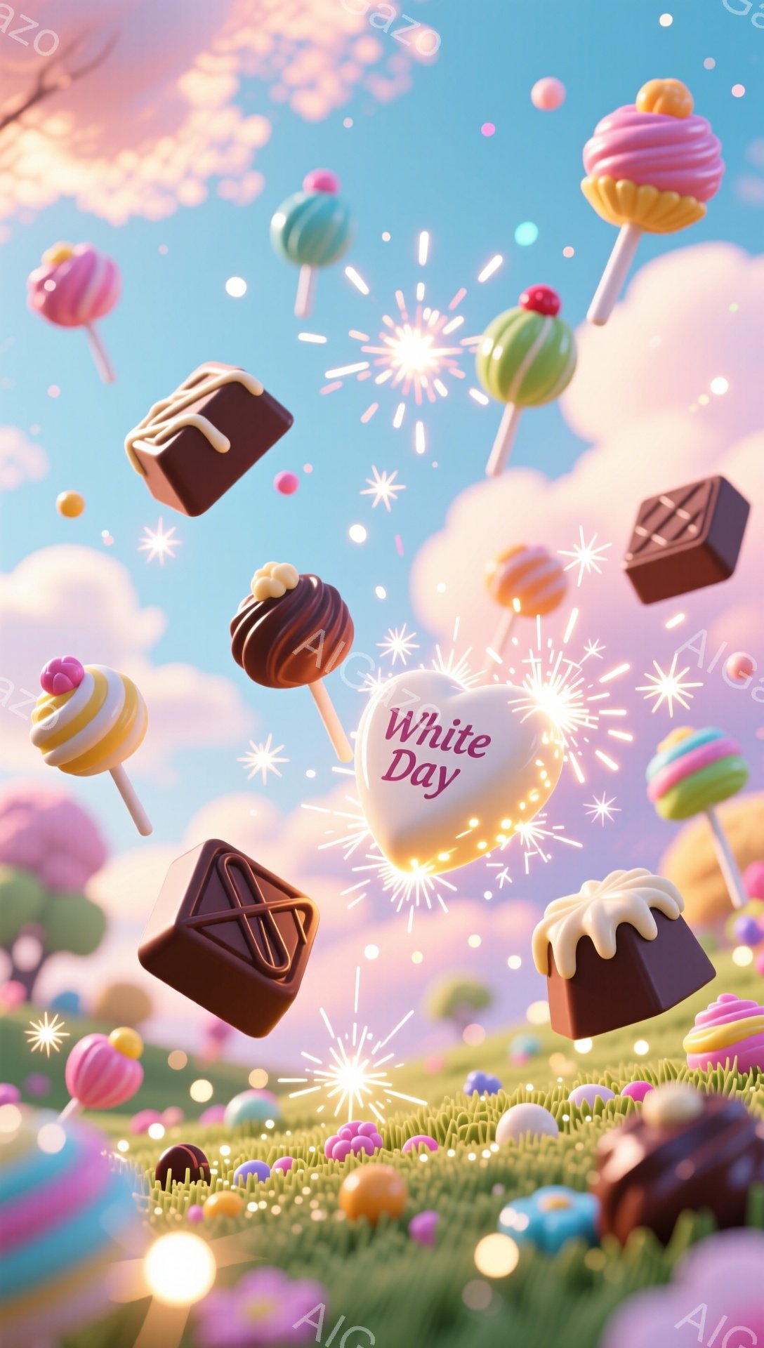 カラフルなキャンディとチョコレートが、緑の草の上に空中に浮かんでいます。背景は、パステルカラーの雲と、ぼんやりと見える桜の木で、まるで夢のような光景です。全体的に、甘くてロマンチックな、ホワイトデーの雰囲気を醸し出しています。