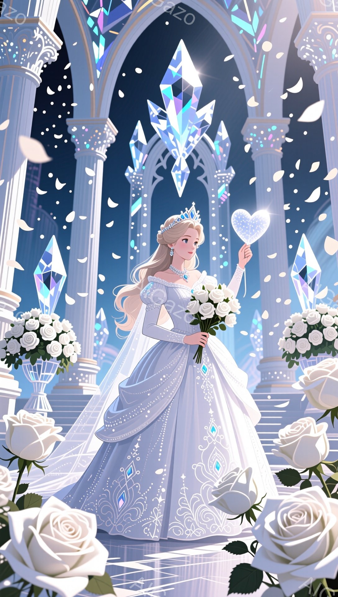 白い豪華なガウンを身につけた女性が、手に花束とハート型の光るオーブを持って立っています。彼女は金色の髪をカールさせ、ティアラをつけ、優しい微笑みを浮かべています。背景には、尖塔を持つ壮大な建築物と、光が差し込むステンドグラスの窓があり、優雅で幻想的な雰囲気を醸し出しています。