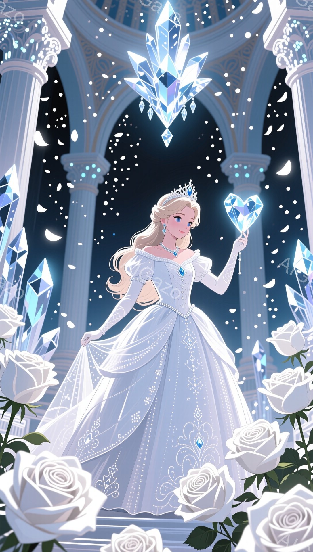 白いドレスを身につけた女性が、雪のような花びらが舞う幻想的な空間に立っている。彼女は金髪をふんわりとカールさせ、ティアラをつけ、片手に輝く氷の結晶のような宝石を持っている。背景には白いバラと、荘厳な柱が並び、まるで氷の宮殿の中にいるようだ。