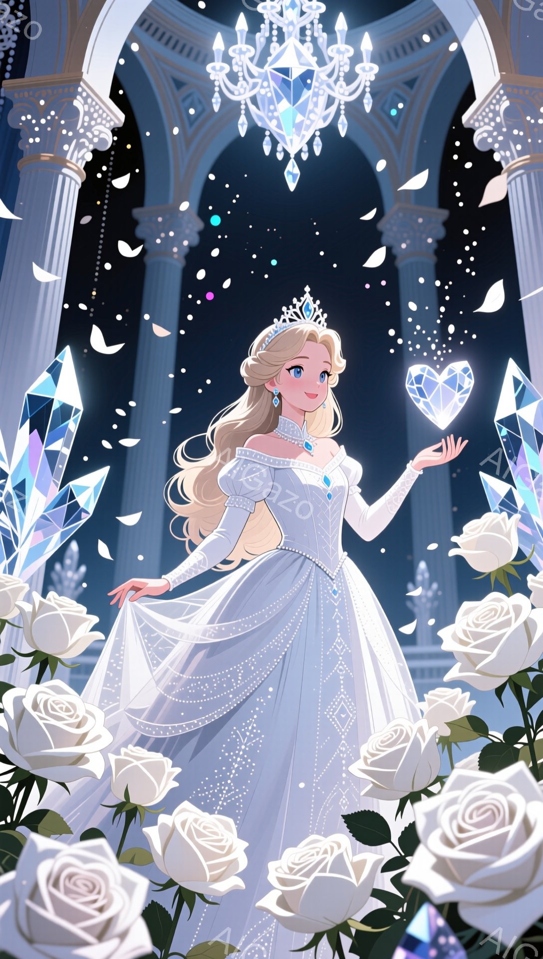 美しい金髪の女性が、きらめく青いドレスを身につけ、優雅に立っています。彼女は片手を伸ばし、輝く青い宝石を手に持っており、その周りには白いバラの花が咲き乱れています。背景には、アーチ状の構造、シャンデリア、そして光り輝く氷の結晶が見え、幻想的でロマンチックな雰囲気を醸し出しています。