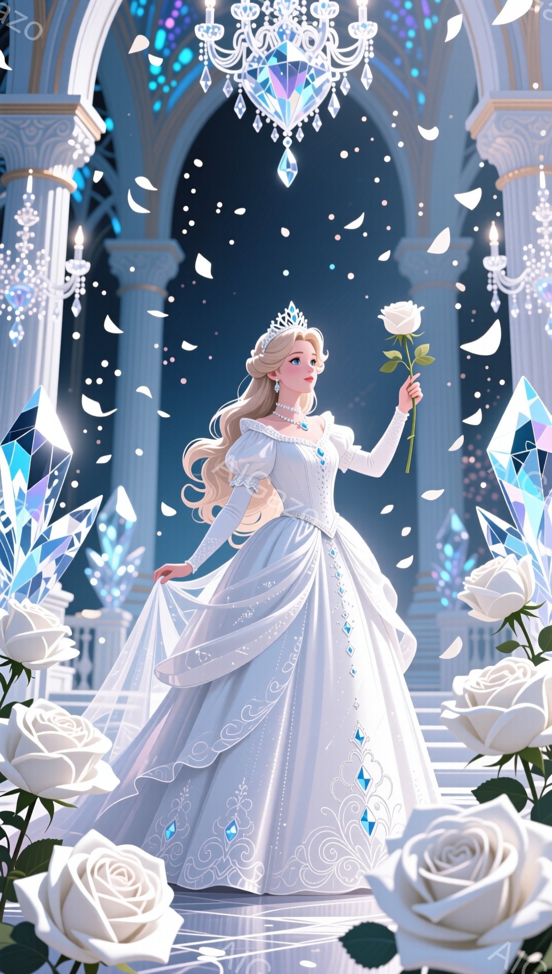 白い豪華なドレスを着た女性が、階段の上で優雅に立っています。彼女は金髪をカールさせ、頭にはティアラを戴き、片手に白いバラを持っています。背景には、光り輝くシャンデリアと、氷の結晶のような装飾、そして白 - AI生成フリー素材