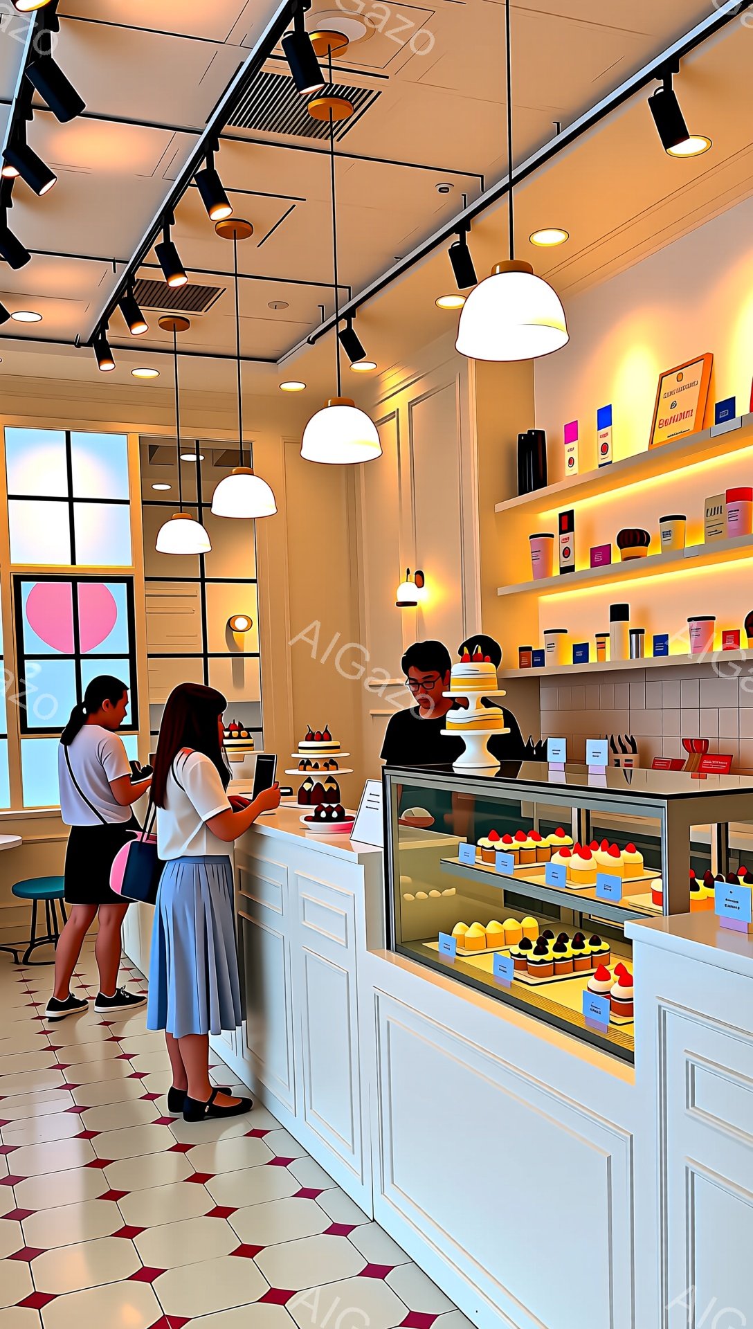 店内は白とピンクを基調とした可愛らしい雰囲気で、ショーケースにはカラフルなケーキが並んでいる。若い女性がスマートフォンを見ながらケーキを選んでいる様子で、店員はカウンター越しに何か説明しているようだ。床はピンクと白のチェック模様で、天井には複数のスポットライトが設置されている。
