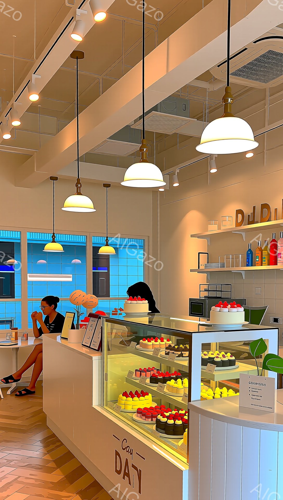 店内は明るく清潔感があり、ショーケースには色とりどりのケーキが並べられています。一人の女性がカウンター席に座り、飲み物を飲みながら何かに集中しています。背景には、淡い青色の壁や、天井から吊り下げられた照明がみえ、おしゃれで落ち着いたカフェの雰囲気です。