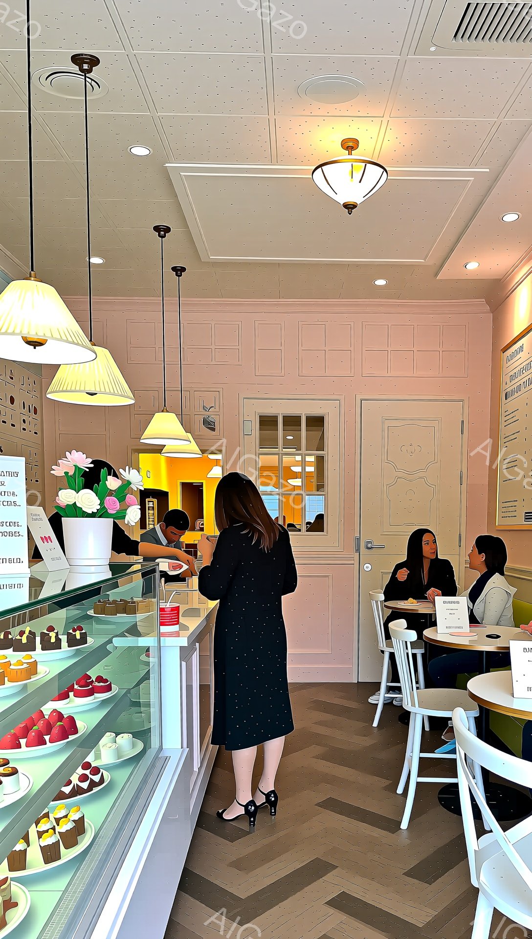 画像は、パステルピンクと白を基調とした、上品なカフェの内部です。ショーケースの前に立つ女性は、黒いコートを着ており、髪は後ろでまとめています。奥には、テーブルで飲み物を楽しむ女性が座っており、テーブルは白い椅子と組み合わされています。