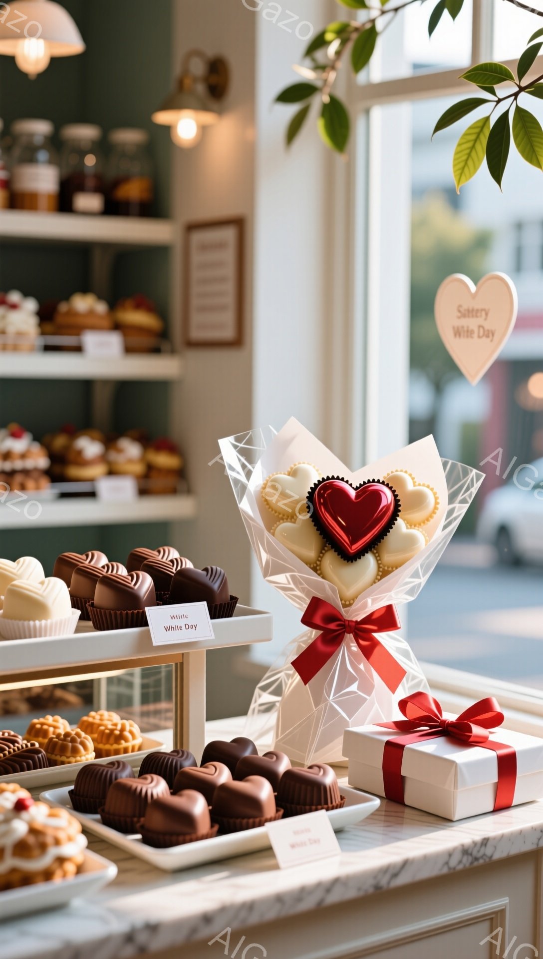 白い背景のショーケースの中に、様々なチョコレートが並べられています。赤いリボンで飾られた白いブーケと、赤いリボンでラッピングされた箱が、バレンタインデーまたはホワイトデーの贈り物として展示されています。ショーケースの奥には、ケーキや焼き菓子がぼんやりと見え、温かく甘い雰囲気が漂っています。