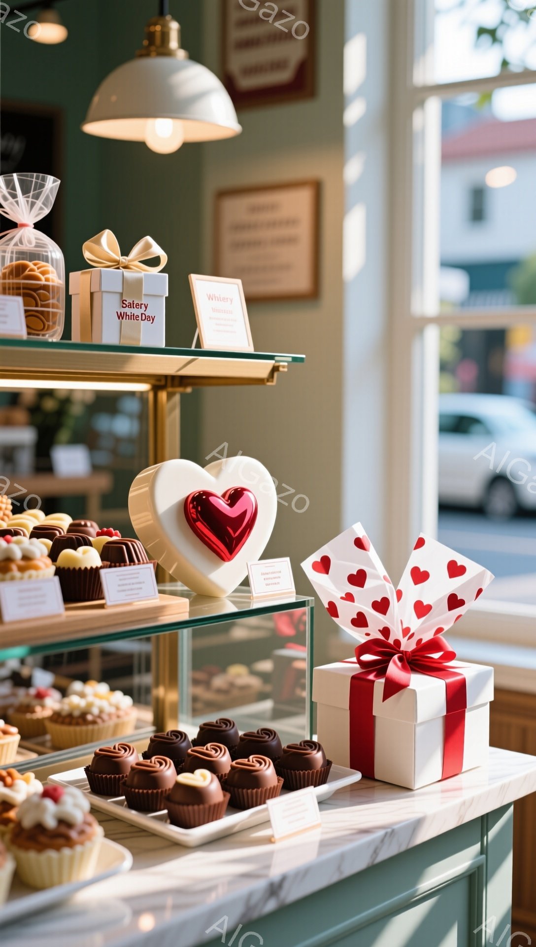 白い背景に、可愛らしいお菓子が並んだショーケースが写っています。チョコレートやカップケーキ、そして赤いリボンで飾られたギフトボックスが置かれており、バレンタインデーの雰囲気が漂います。背景には、明るい光が差し込む窓と、ぼんやりと見える街並みが見えます。