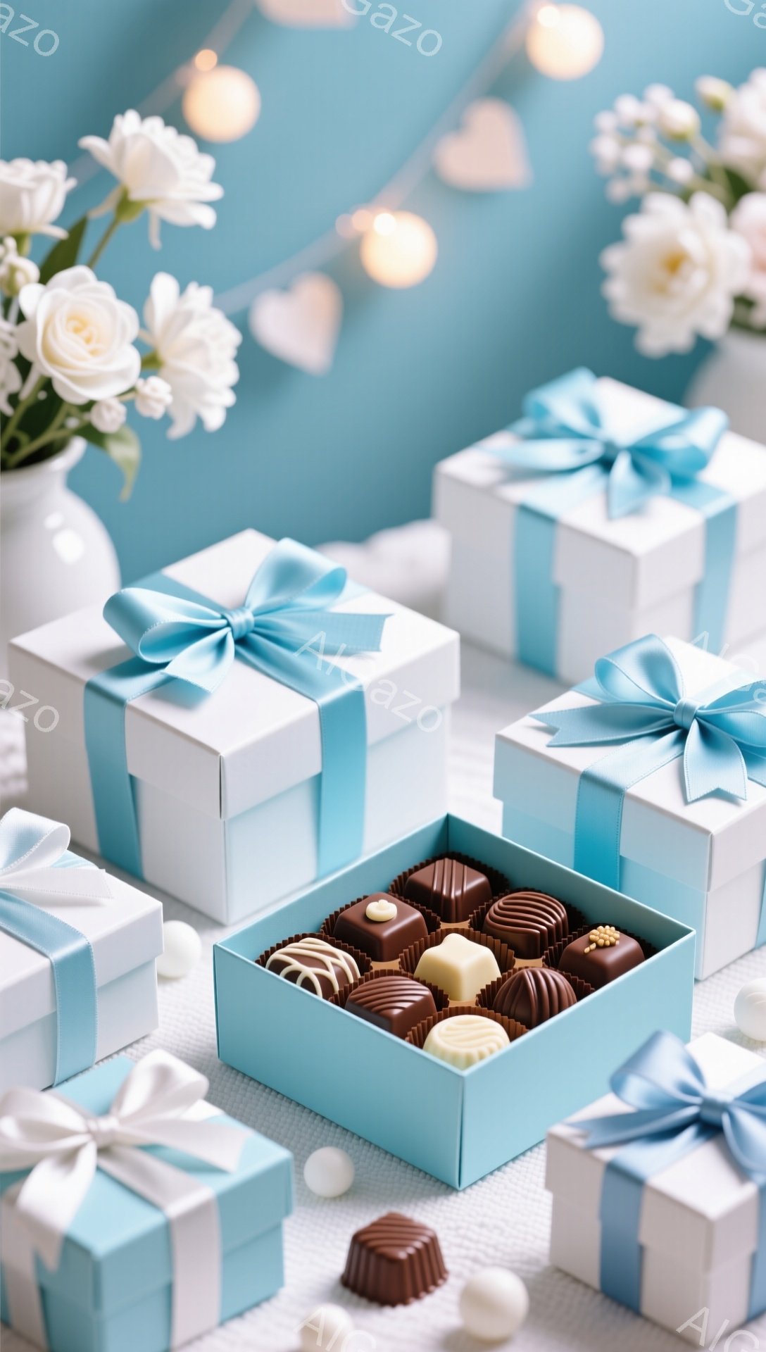淡い水色の背景に、白いギフトボックスとチョコレートが並べられています。ギフトボックスには明るい青いリボンが結ばれており、開いたギフトボックスには様々な色のチョコレートが整然と並んでいます。白い花が活けられた花瓶と、ぼんやりとした光のストリングライトが背景にあり、甘くロマンチックな雰囲気を醸し出しています。