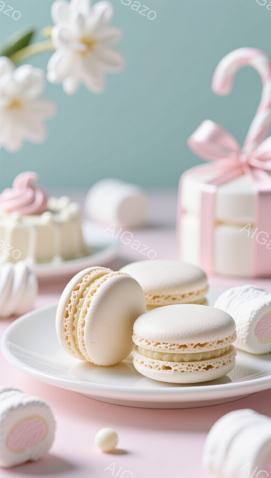 優しいパステルカラーの背景に、マカロン、メレンゲ、小さなケーキが並べられています。白いお皿には、クリーム色のマカロンが２つと、わずかにクリームがのったマカロンが１つ置かれています。淡いピンクのリボンで飾られたギフトボックスと白い花が、甘くて夢のような雰囲気を醸し出しています。