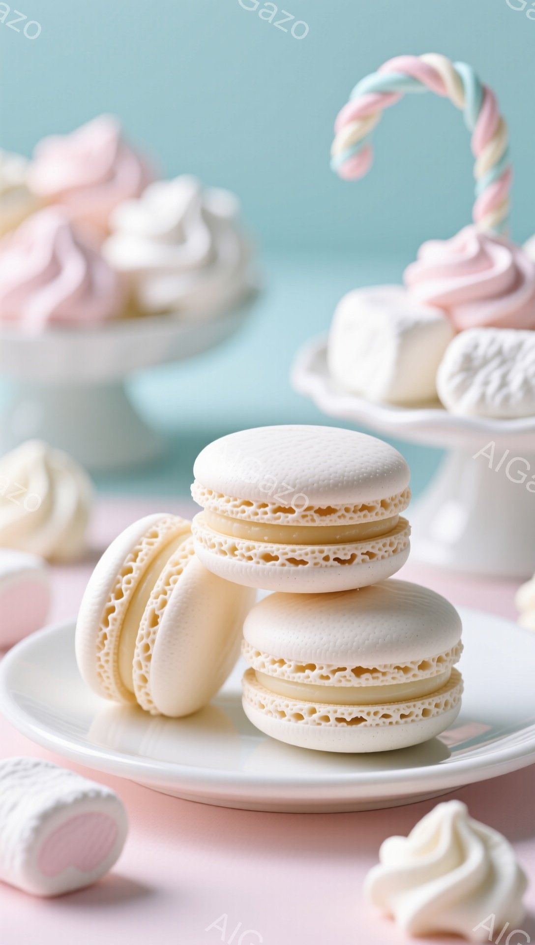 淡いピンク色の背景に、マカロンが積み重ねられた白い皿が置かれています。周りにはメレンゲやキャンディが散りばめられ、全体的に柔らかく甘い雰囲気を醸し出しています。ソフトな色調と繊細な焼き菓子が、優雅で夢のような印象を与えます。