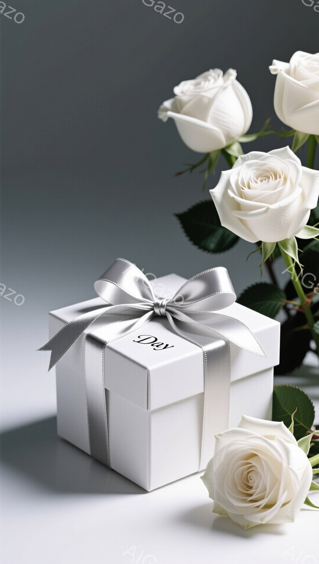白いギフトボックスが、銀色のリボンで飾られ、正面に「Day」という文字が書かれている。ボックスの周りには白バラが配置され、背景は淡いグレーで、全体的に上品で洗練された雰囲気を醸し出している。バラの花びらは繊細で、ギフトボックスとのコントラストが美しい。