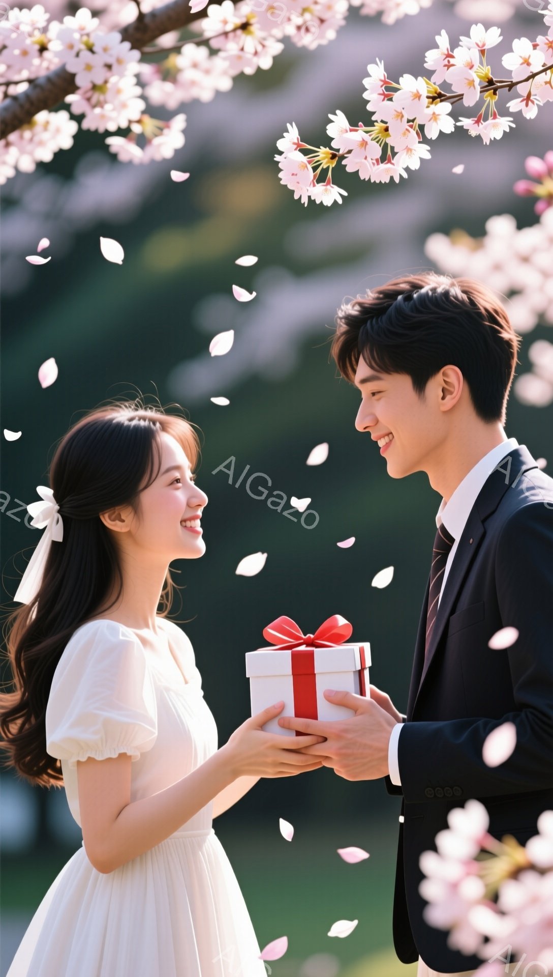 桜の花びらが舞う中、一人の女性と男性が微笑み合いながらプレゼント交換をしている様子が写っている。女性は白いワンピースにリボンを結った髪で、男性は黒いスーツ姿で、それぞれ上品な印象を与える。背景にはぼやけた緑と桜が広がり、ロマンチックで穏やかな雰囲気が漂っている。