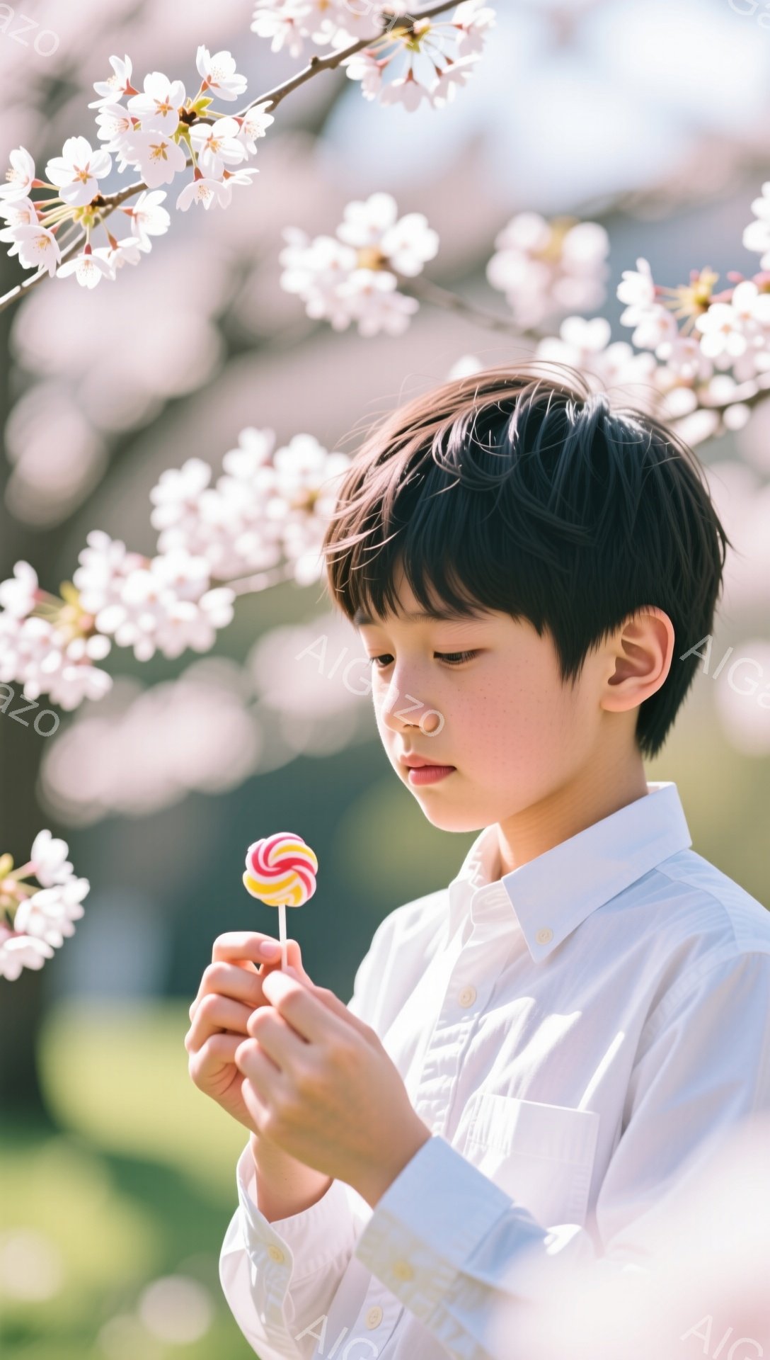 少年は白いシャツを着て、カラフルな棒付きキャンディを両手でそっと持っています。彼は少し眉間にしわを寄せ、どこか物思いにふけるような表情をしています。背景には桜の花が咲き乱れ、春の穏やかな日差しが少年を照らしています。