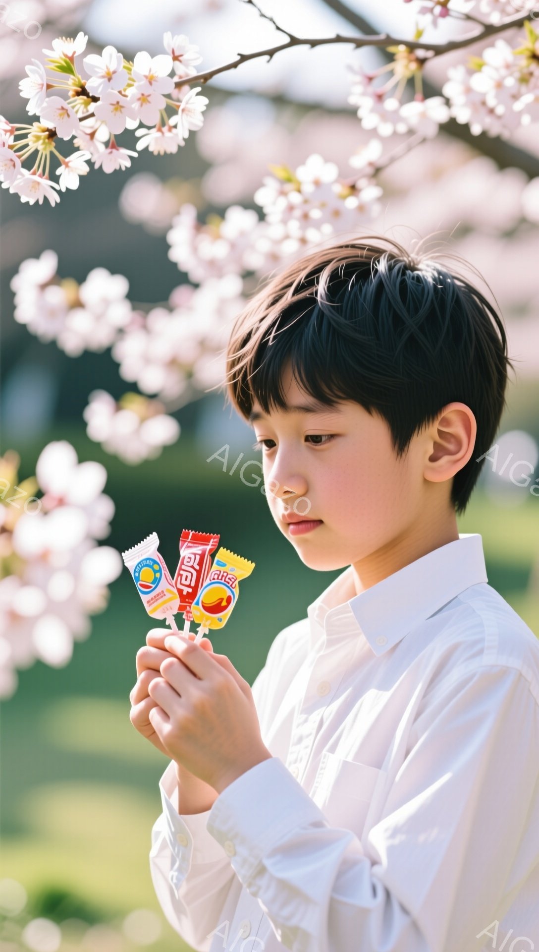 黒髪の少年が、ピンク色の桜の花びらが舞う中で、お菓子を手に持っています。白いシャツを着ており、少し上目遣いでどこかを見つめている表情は、少し大人びており、春の暖かさと少年のかわいらしさが合わさった、穏やかな雰囲気です。背景にはぼんやりと緑の木々が見え、春の訪れを感じさせます。