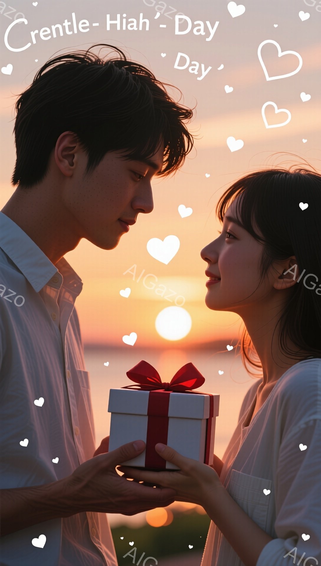 若い男女が夕暮れ時にプレゼントを交換しようとしている姿が描かれています。男性は白いシャツを着ており、女性は白いドレスを着ています。背景には穏やかな海と夕焼けが広がり、ロマンチックで温かい雰囲気が漂っています。