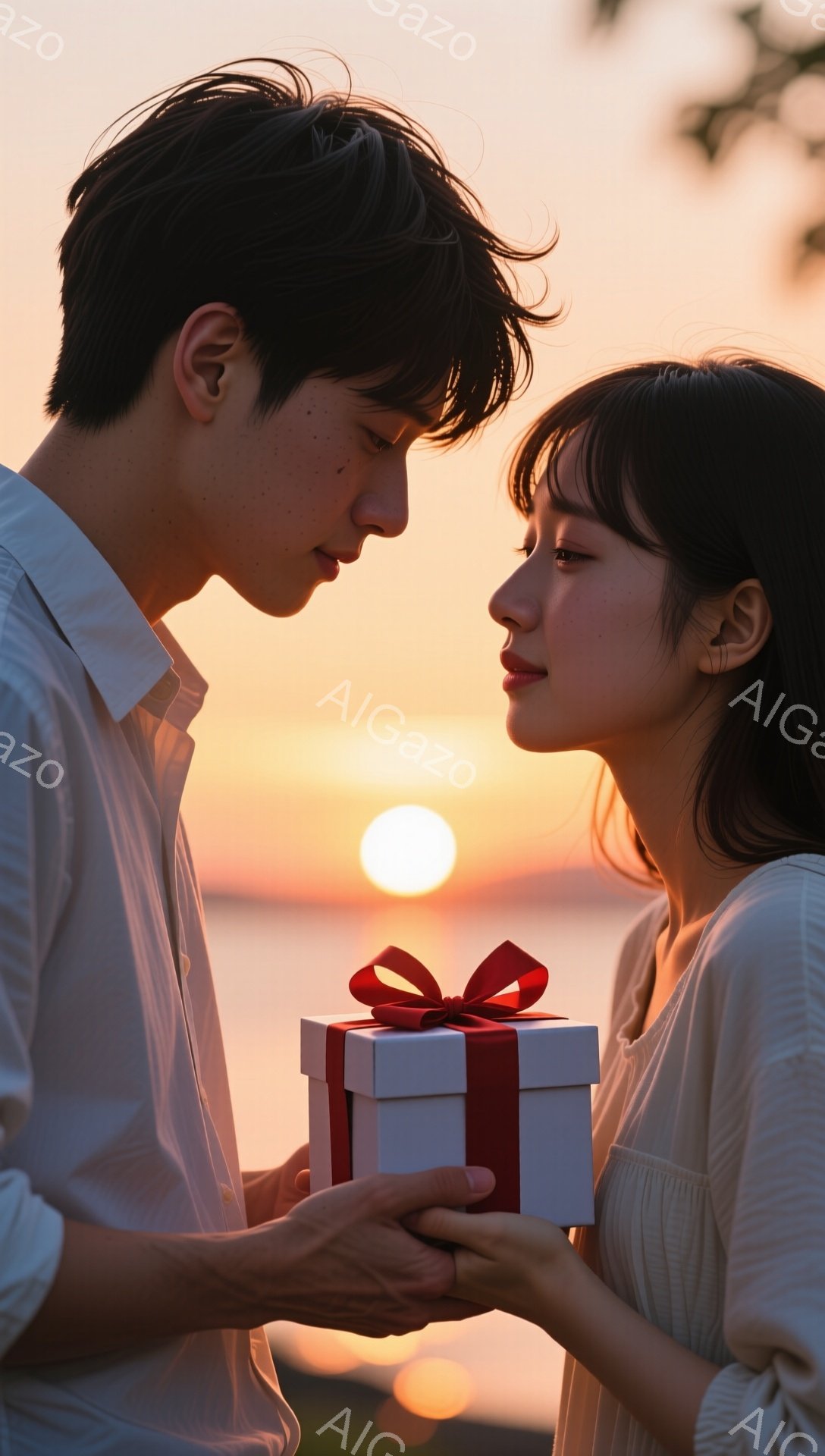 若い男女が夕暮れの海辺で、互いに向き合いプレゼントを交換しようとしています。男性は白いシャツを着ており、黒い髪を無造作に整え、女性にプレゼントの白い箱を差し出しています。女性は白いブラウスを着ており、長い黒髪は肩にかかっています。背景には、燃えるような夕焼けと穏やかな海が広がり、ロマンチックで温かい雰囲気を醸し出しています。
