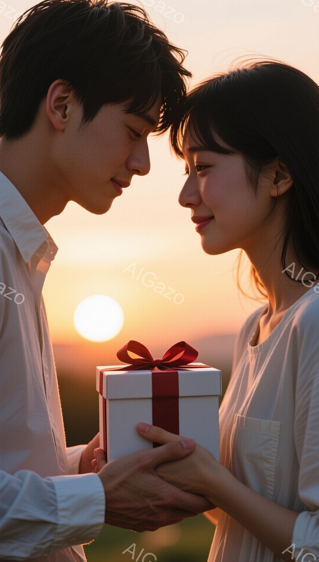 若いカップルが夕日の光の中でプレゼントを交換している様子が写っている。男性は白いシャツを着ており、女性はオフホワイトのブラウスを着て、前髪を下ろした髪型をしている。背景には夕焼け空が広がり、温かくロマンチックな雰囲気を醸し出している。