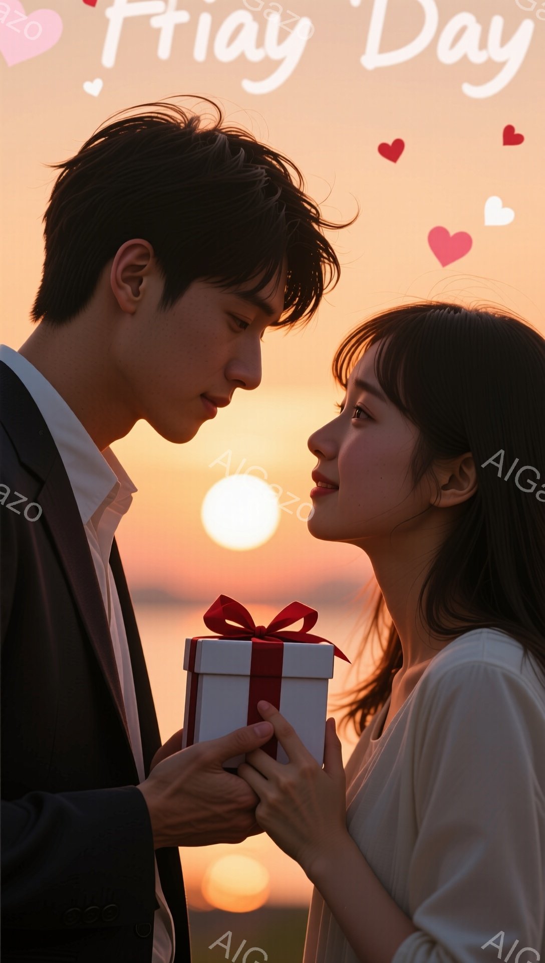 一対のカップルが夕暮れ時にプレゼント交換をしている様子が写っています。男性は黒いスーツを着ており、女性は白いブラウスを着ています。背景には夕焼け空と太陽が描かれ、ロマンチックで温かい雰囲気を醸し出しています。
