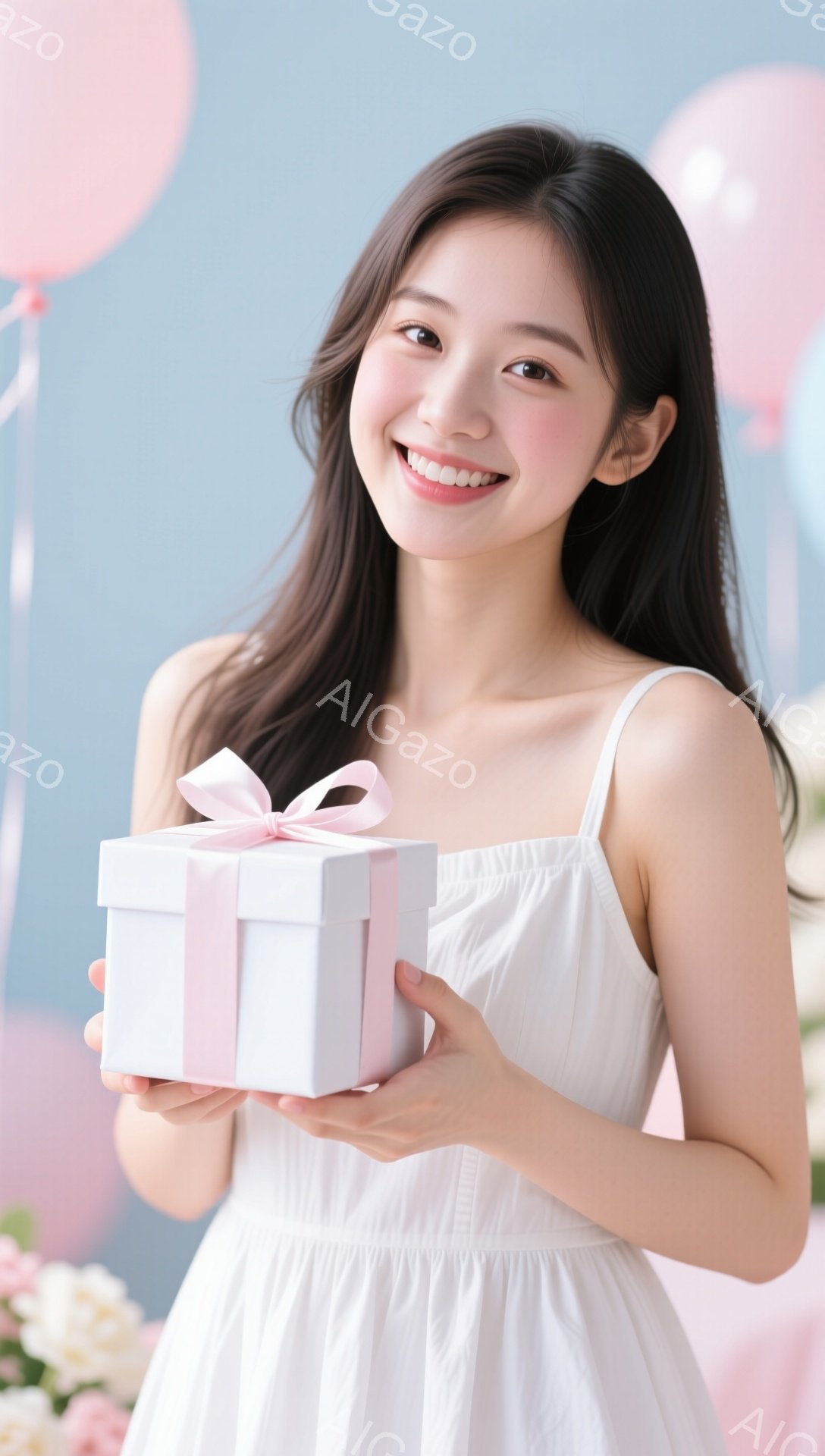 長い黒髪をなびかせた若い女性が、白いワンピースを着て笑顔でプレゼントの箱を両手で抱えています。箱は白い紙で包まれ、淡いピンクのリボンで飾られています。背景には、淡いピンクや白の風船と花がぼんやりと見え - AI生成フリー素材