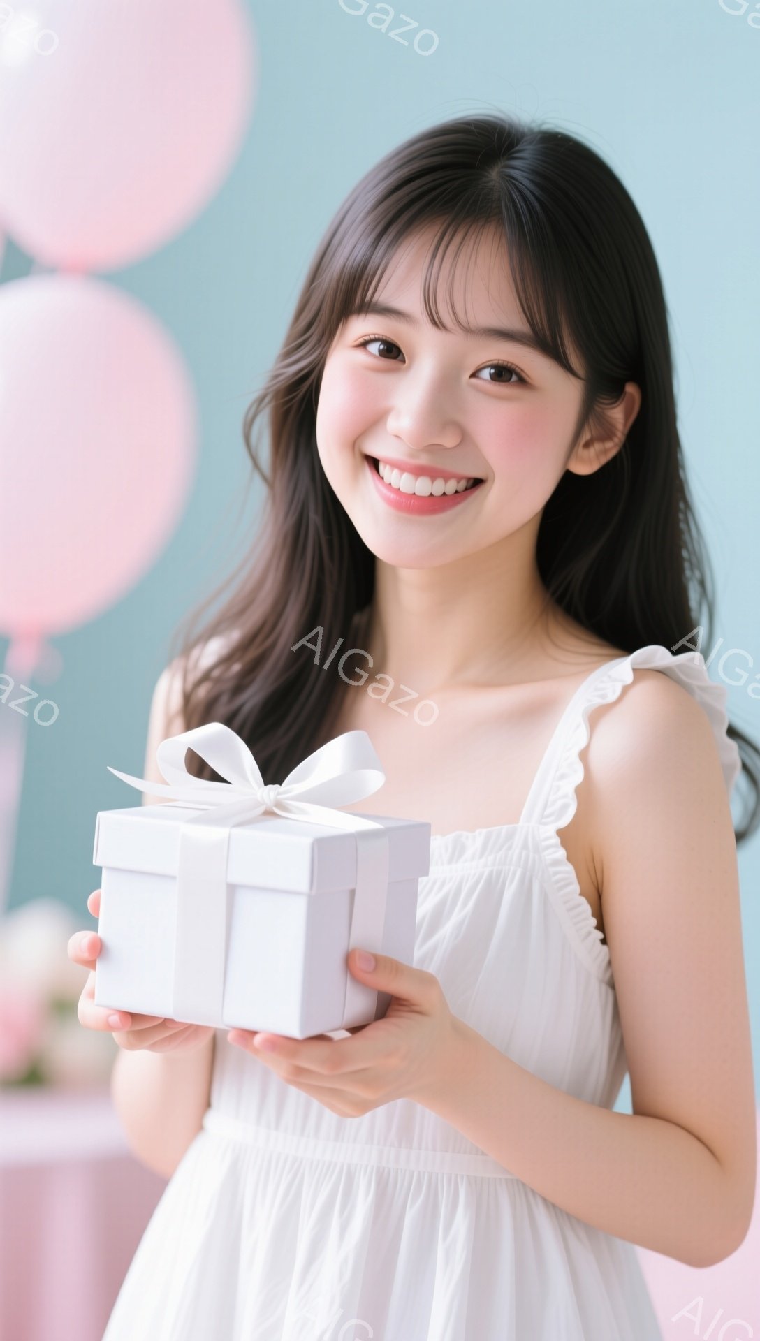 若い女性が白い包装紙で包まれたリボン付きの箱を持って微笑んでいます。彼女は肩を露出した白いドレスを着ており、髪は肩にかかる長さで、前髪があります。背景には淡いピンク色の風船があり、全体的に明るく、幸せな雰囲気です。