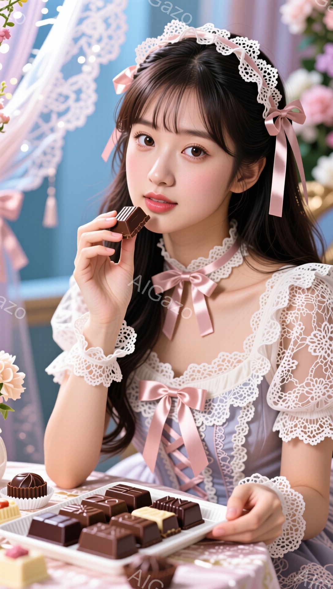 長い黒髪に白いレースのヘッドバンドをつけ、薄紫色のフリルドレスを着た若い女性が描かれています。彼女はチョコレートを片手に持ち、微笑みながらカメラを見ており、テーブルの上には様々な種類のチョコレートが並べられています。背景はパステルカラーで、優雅で甘い雰囲気が漂っています。