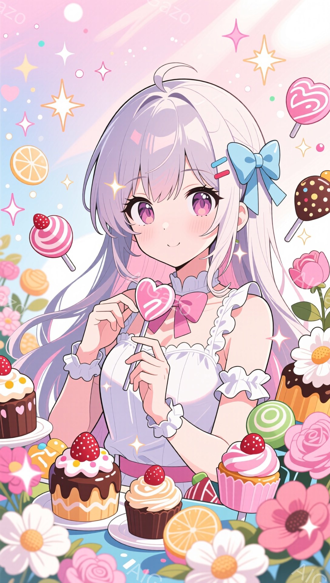 長い白髪の髪に水色のリボンをつけた少女が、ピンク色のハート型のキャンディーを棒で持っています。彼女は白いフリル付きのドレスを着ており、明るい笑顔を浮かべています。背景にはカラフルなキャンディーやケーキ - AI生成フリー素材