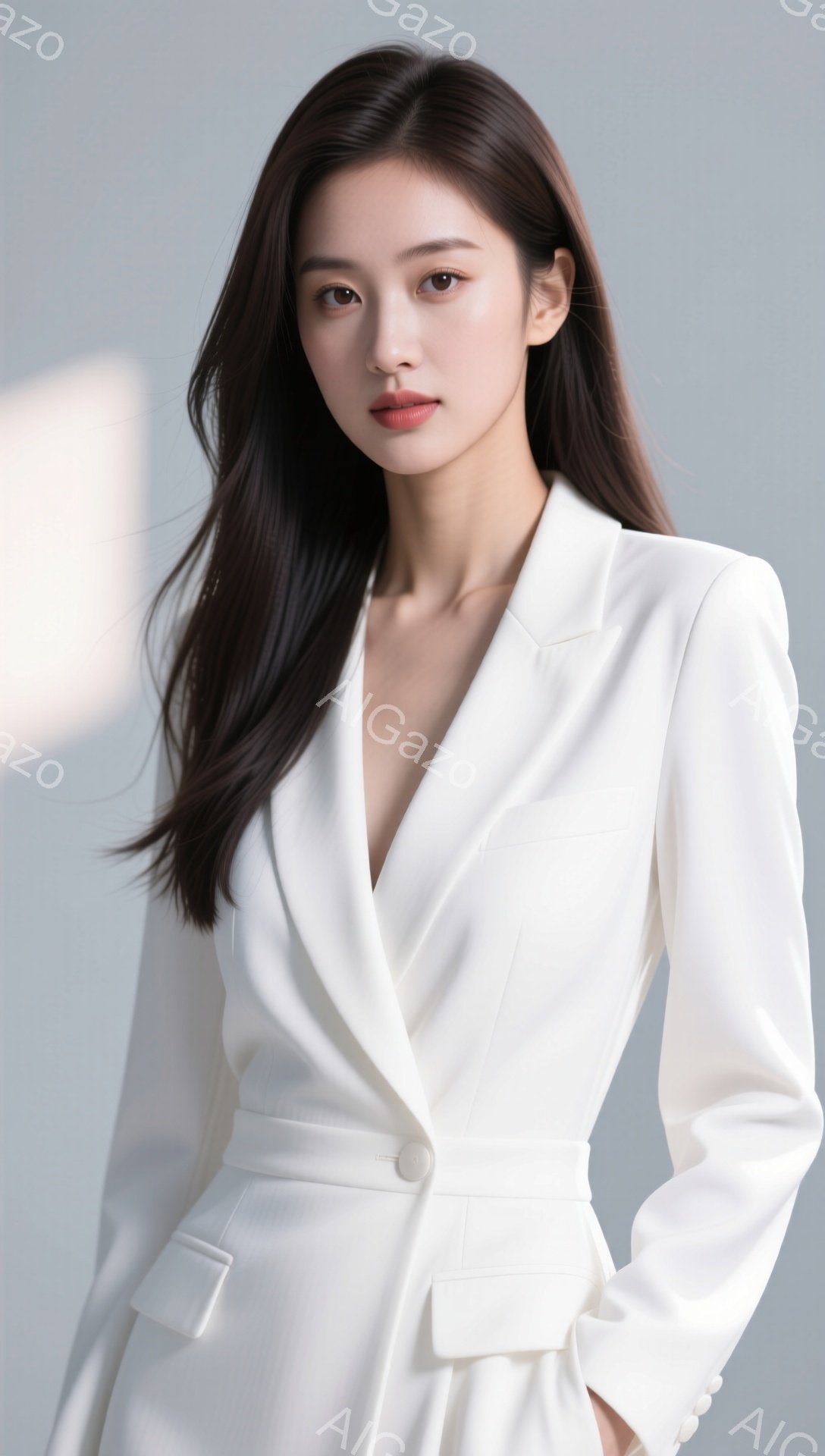 長い黒髪を肩にかける女性が、白いテーラードジャケットとドレスを着用して立っています。彼女は少し微笑み、自信に満ちた表情をしています。背景は淡いグレーで、柔らかい光が彼女を照らし、洗練された雰囲気を醸し出しています。