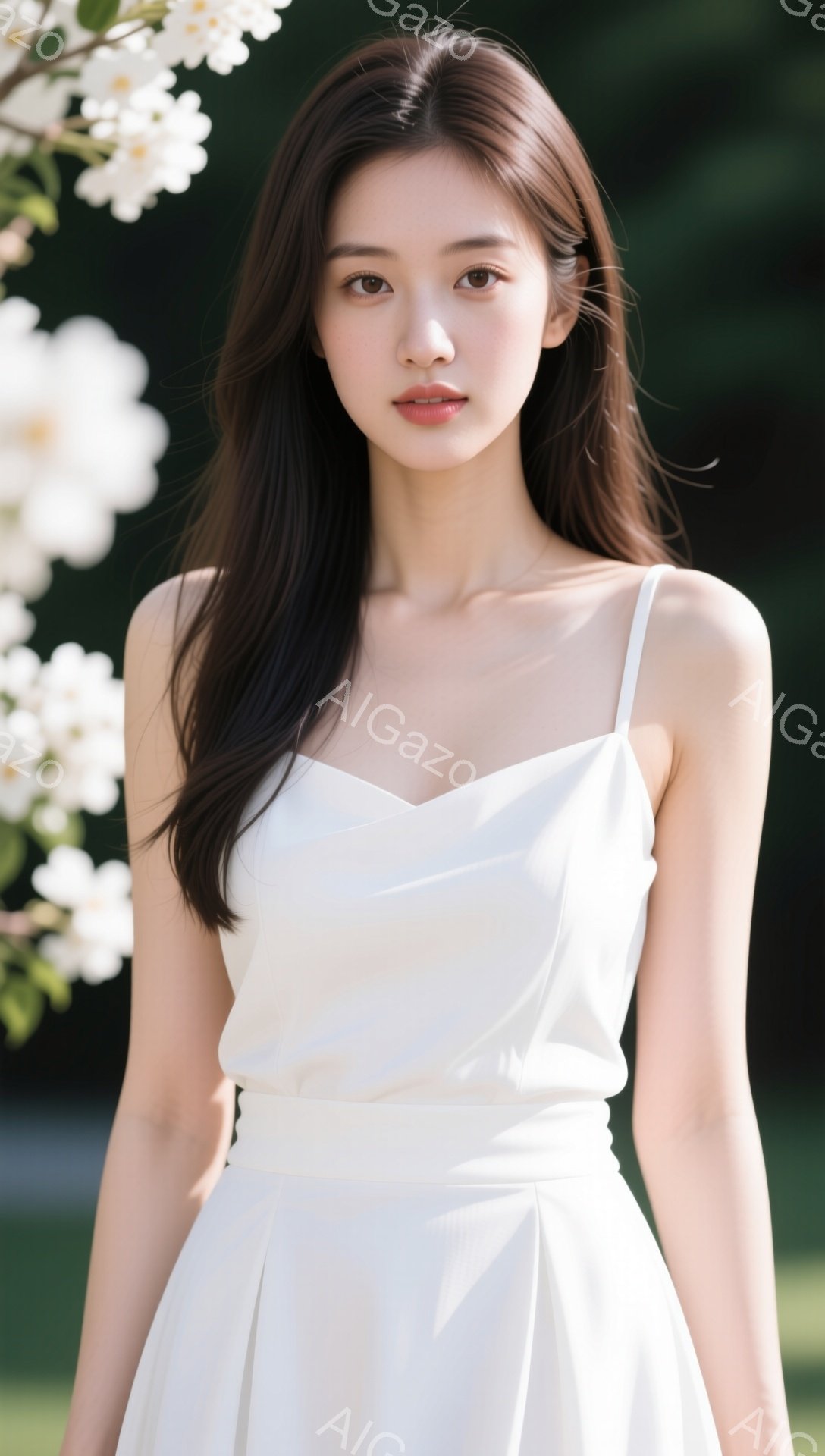 長い黒髪を肩にかけた若い女性が写っています。白いキャミソールとスカートを身につけ、穏やかな微笑みを浮かべています。背景にはぼやけた白い花が咲き乱れ、柔らかな光が彼女を照らし、全体的に優雅で穏やかな雰囲気を醸し出しています。