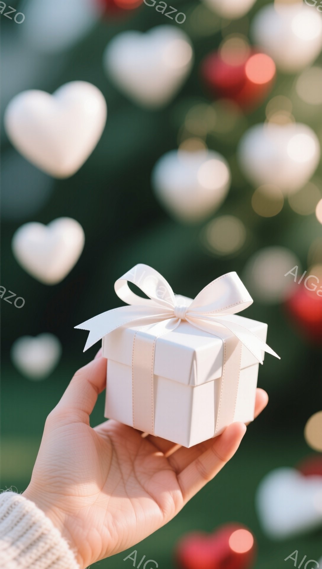 クリーム色の小さなギフトボックスが、ニットの袖を持つ女性の手のひらに乗っています。背景には、ぼやけた赤いオーナメントと白いハート型のライトが散りばめられ、クリスマスの雰囲気を感じさせます。全体的に、暖かく、優しい、お祝いのムードが漂っています。