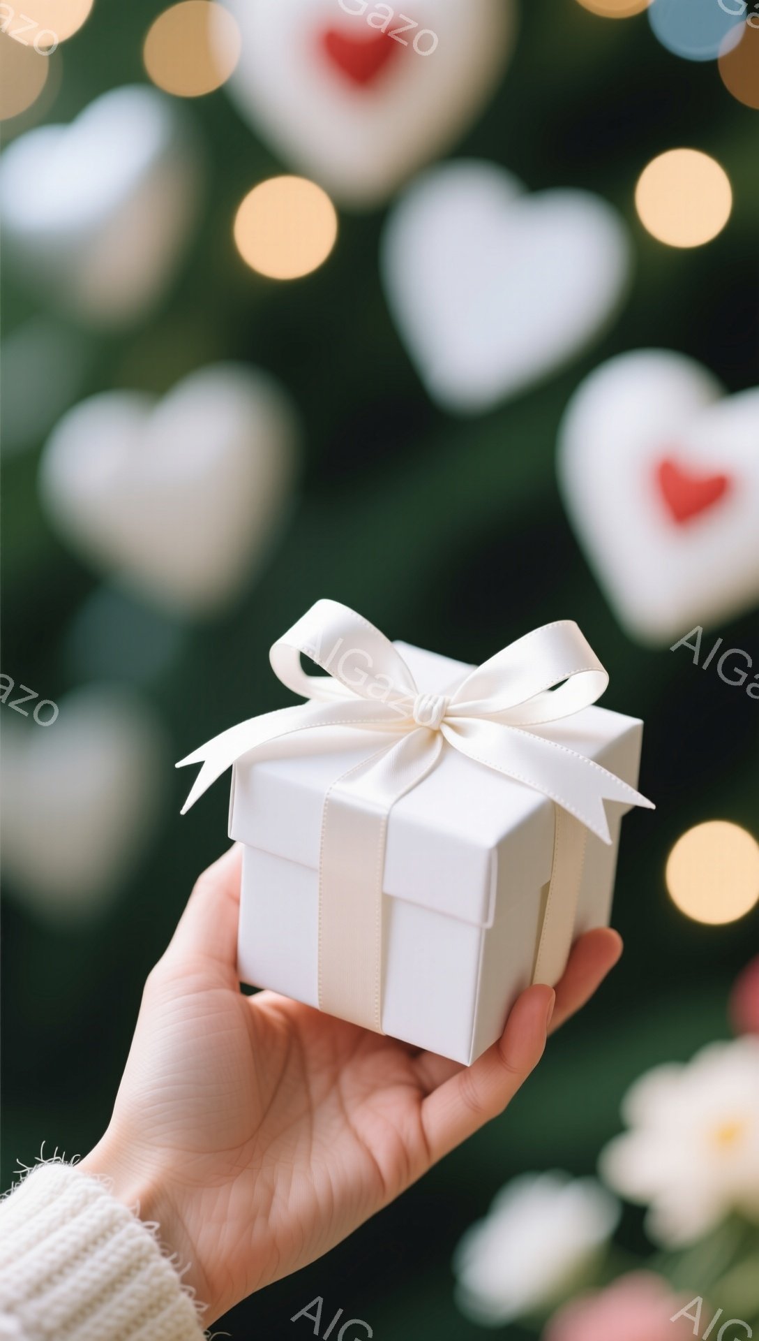 白いセーターを着た人が、白い箱を手のひらで持っています。背景にはぼやけたハート型の光があり、クリスマスやロマンチックな雰囲気を醸し出しています。箱はリボンで飾られており、贈り物やサプライズを示唆しています。