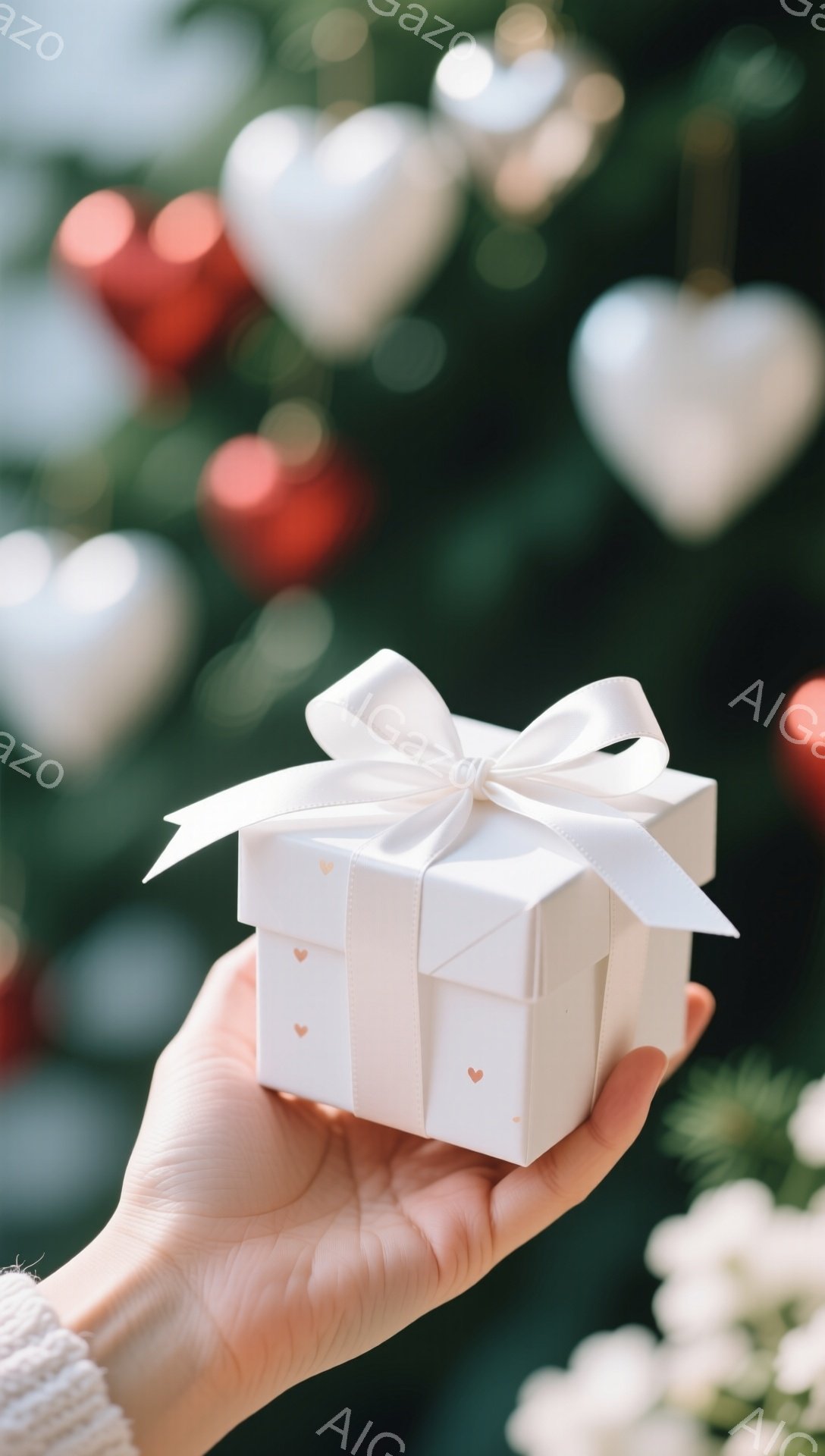 一対の手が、小さなクリーム色のギフトボックスを優しく握っています。ギフトボックスには、淡いピンク色のハート柄が散りばめられ、白いリボンで結ばれています。背景には、ぼやけた緑と赤のオーナメントが見え、温かく祝祭的な雰囲気を醸し出しています。