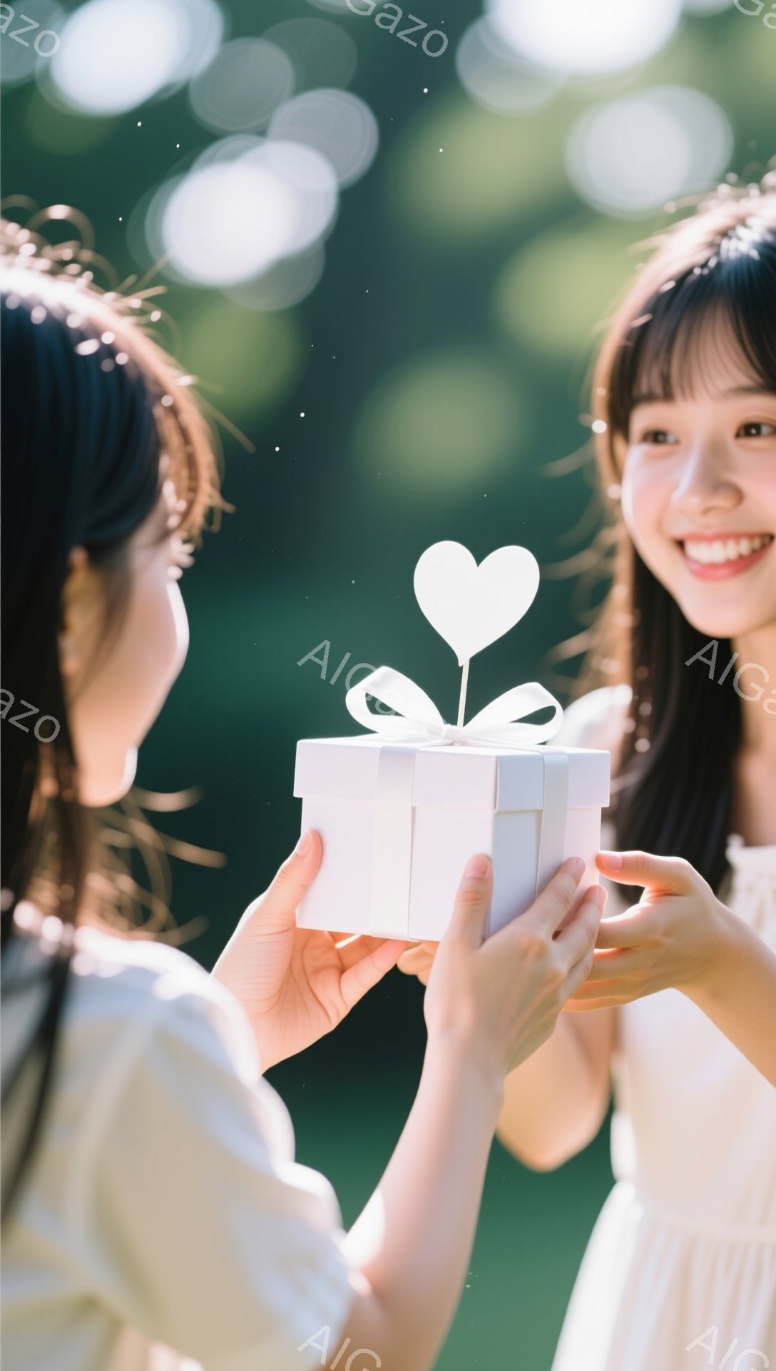 一人の女性が白い箱型のプレゼントを差し出しており、受け取る女性は笑顔でそれを受け入れようとしている様子が写っています。両者とも白いドレスを着ており、差し出す女性は長い髪を後ろに垂らし、受け取る女性は前髪を分けているのが見えます。背景は緑の自然で、光が差し込み、全体的に温かく、愛情深い雰囲気が漂っています。