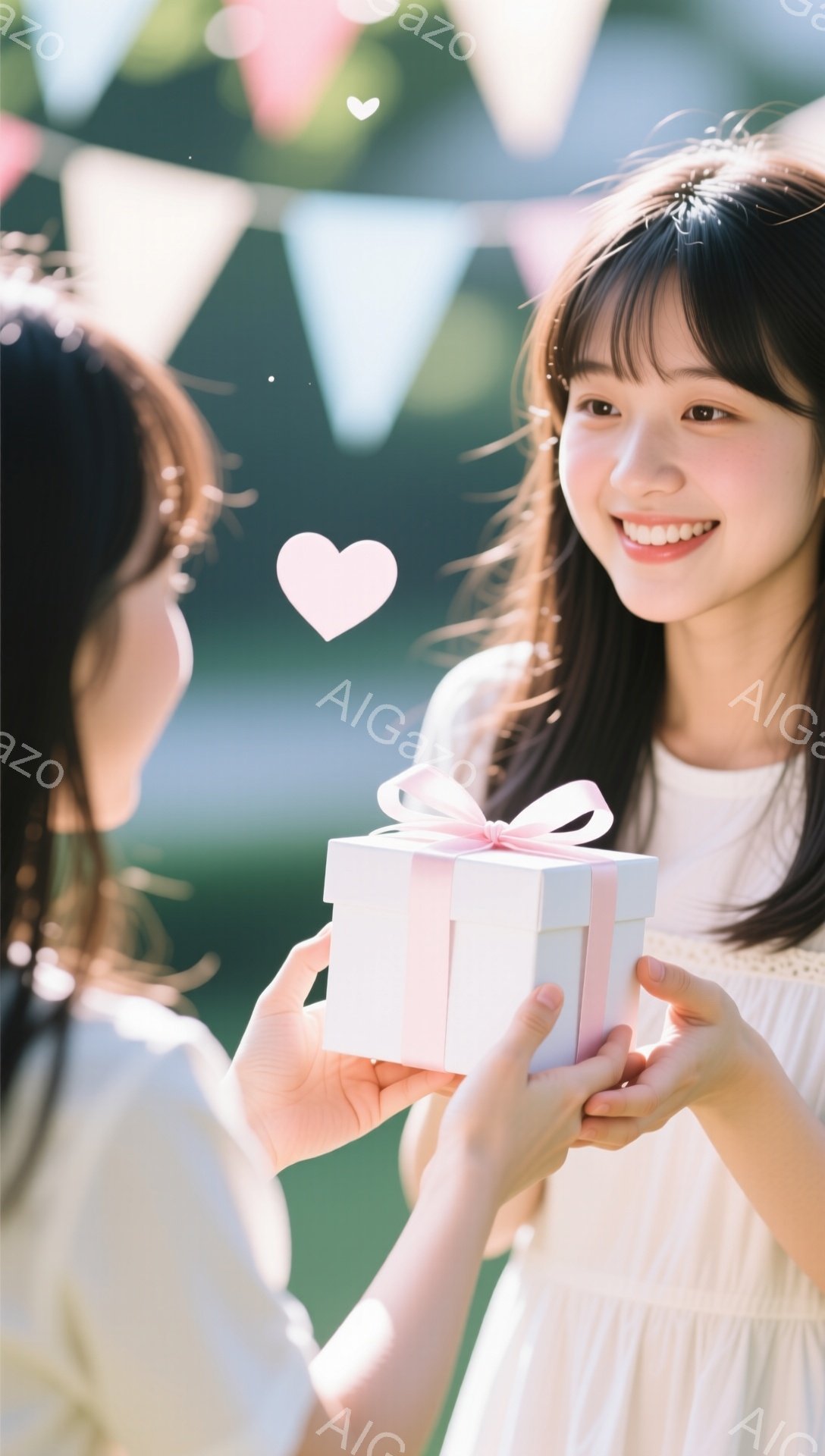 長い茶色の髪をした若い女性が、白いブラウスと可愛らしいフリル付きのドレスを着て、カメラに向かって微笑んでいます。彼女はピンクのリボンで飾られた小さな白いギフトボックスを両手で差し出しており、相手への贈 - AI生成フリー素材