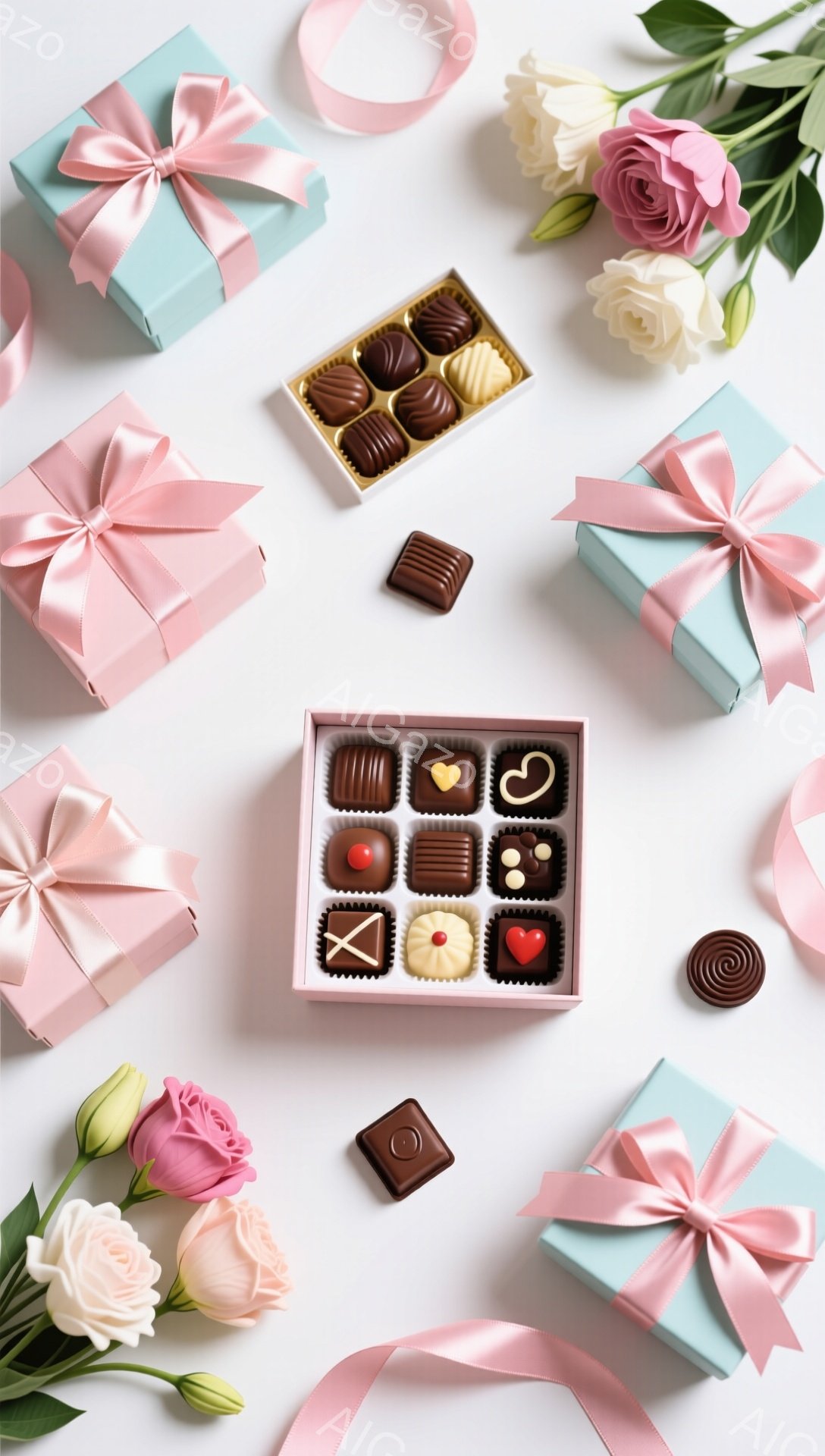 白い背景の上に、バラの花、チョコレートの箱、そしてリボンで飾られたギフトボックスが配置されています。チョコレートは様々な種類があり、カラフルで美味しそうに見えます。全体的にパステルカラーで柔らかく、ロ - AI生成フリー素材