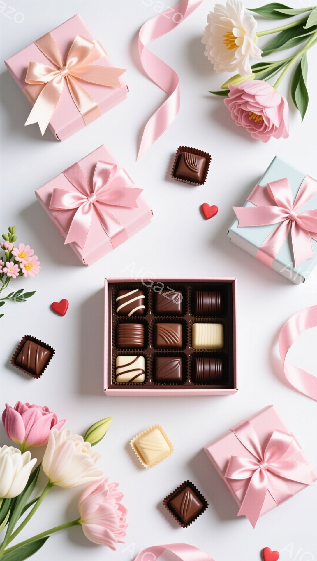 白い背景に、チョコレートの箱とバラ、チューリップの花が散りばめられています。チョコレートは様々な模様があり、カラフルな包装紙で結ばれたギフトボックスやハート型の飾りも添えられています。全体的に、甘くロ - AI生成フリー素材