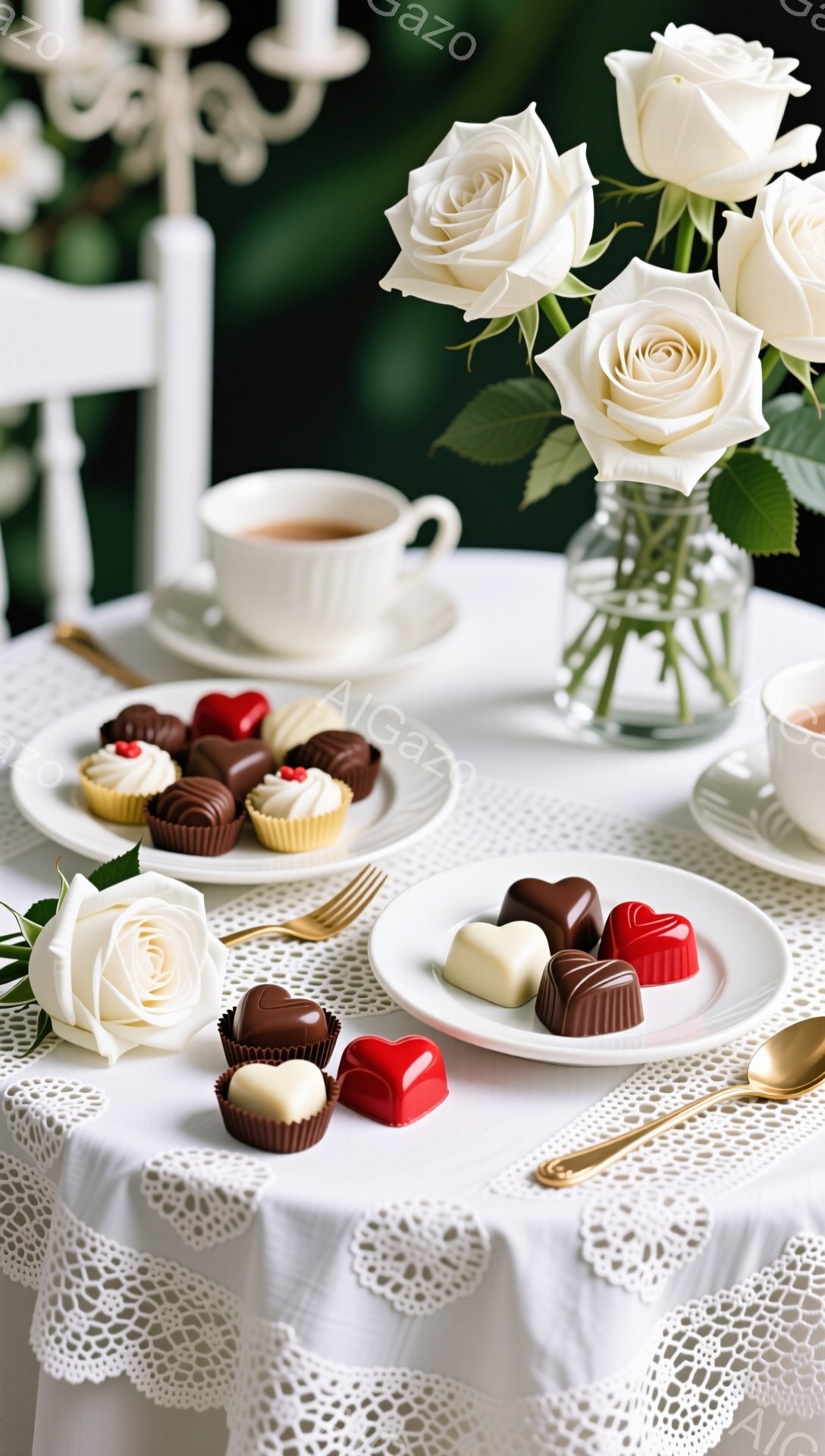 白いレースのテーブルクロスの上に、チョコレートと小さなケーキが盛り付けられたお皿が２つと、温かい飲み物が盛られたカップが置かれています。テーブルには白いバラの花束が飾られ、優雅でロマンチックな雰囲気を醸し出しています。背景は深い緑色で、静かで穏やかな印象を与えます。