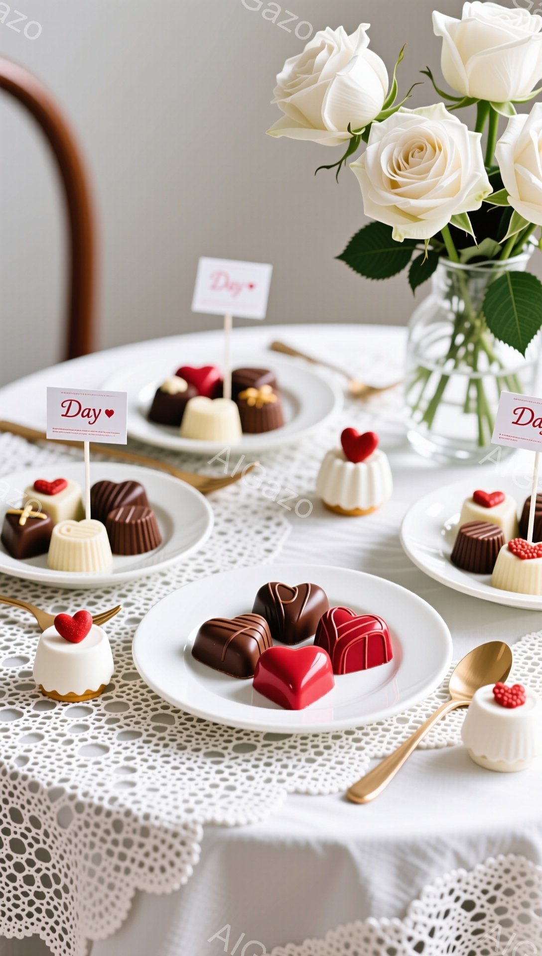 バレンタインデーを思わせる、上品なスイーツの盛り合わせがテーブルの上に並んでいます。白と茶色の繊細なレースのテーブルクロス、そして赤いハート形のチョコレートやクリームが乗ったミニケーキが、優雅な雰囲気 - AI生成フリー素材