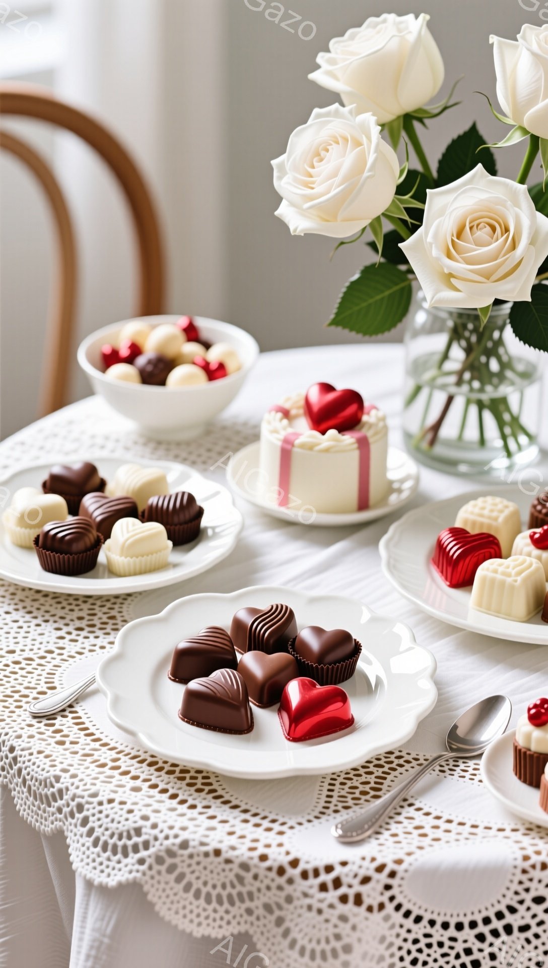 テーブルの上には、様々なチョコレートや小さなケーキが飾られています。白いレース編みのテーブルクロスと、背景の花瓶に生けられた白いバラが、甘くロマンチックな雰囲気を醸し出しています。バレンタインデーや特別な日の食卓を連想させる、美しい静物画です。