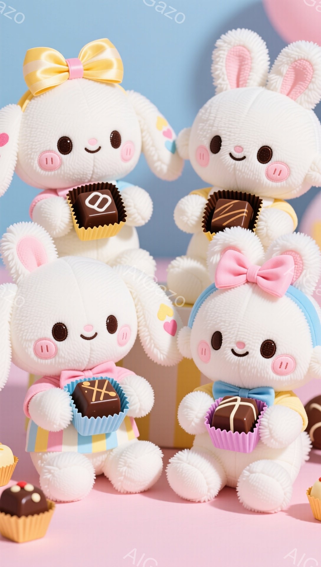 白いふわふわのウサギのぬいぐるみたちが、それぞれ異なる色のリボンとスカーフを身に着け、紙製のカップに入ったチョコレートを抱えています。明るいピンク色の背景に、ウサギたちは少し傾いた姿勢で並んでおり、可愛らしい表情をしています。全体的にパステルカラーで柔らかく、甘い雰囲気が漂っています。