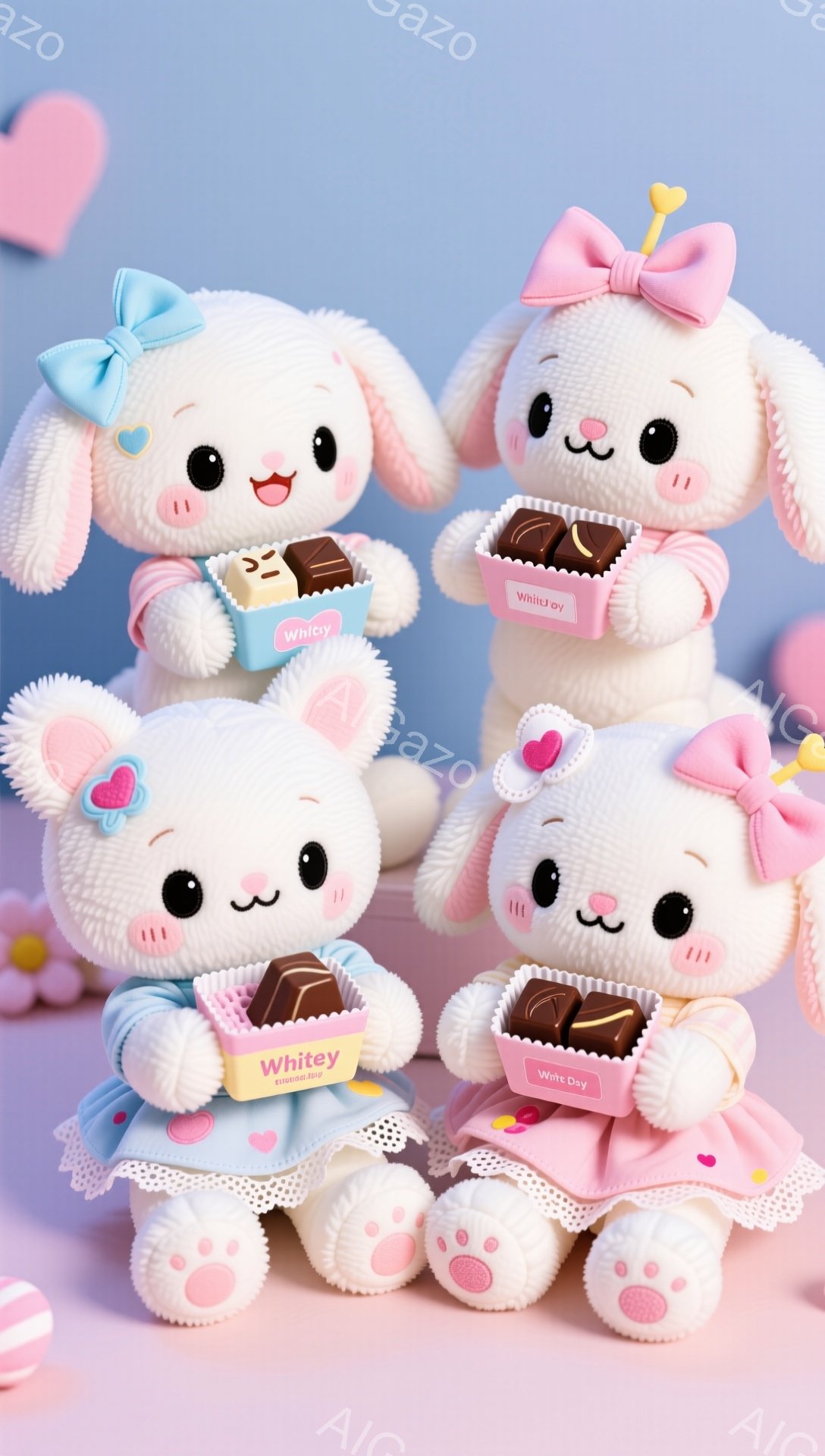 白くてふわふわしたウサギのぬいぐるみたちが、ピンクや水色の可愛らしい服を着ています。それぞれ「White Day」と書かれたチョコレートの箱を持っており、幸せそうな表情をしています。背景は淡いピンクと水色のグラデーションで、ハートやリボンが浮かび、甘くてロマンチックな雰囲気を醸し出しています。