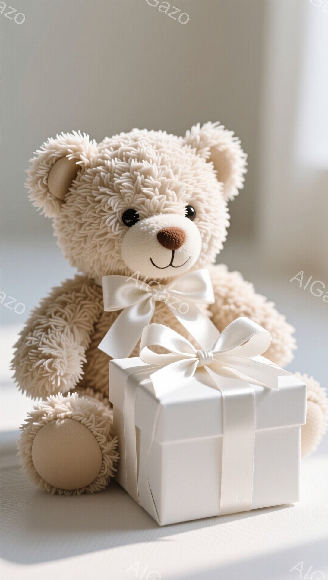 ふわふわの明るい茶色のテディベアが、白いリボンで飾られた白い箱を抱えています。ベアは優しい表情で、少し上を見つめており、全体的に暖かく穏やかな雰囲気です。背景は白く、光が柔らかく差し込み、ギフトとベアを際立たせています。