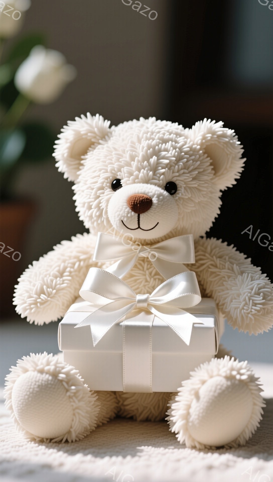 白いモコモコのテディベアが、白いリボンで飾られた白い箱を抱えています。テディベアは笑顔で、つぶらな瞳が可愛らしい印象を与えます。背景にはぼやけた花や、淡い色の柔らかい光が映り込み、全体的に温かく優しい - AI生成フリー素材
